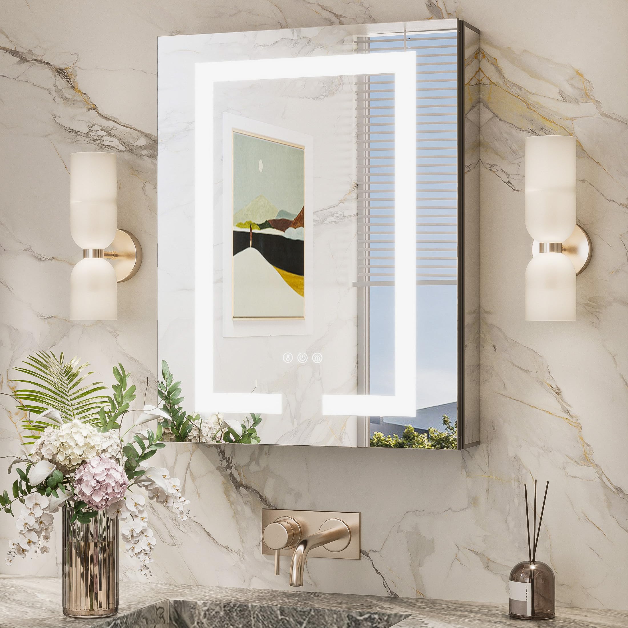 TokeShimi 20x26 Lighted Medicine Cabinet Mirrored Surface Mount 3 Color Dimmable, Anti-Fog Recessed Medicine Cabinet Mirror with Light and Outlet, 2-