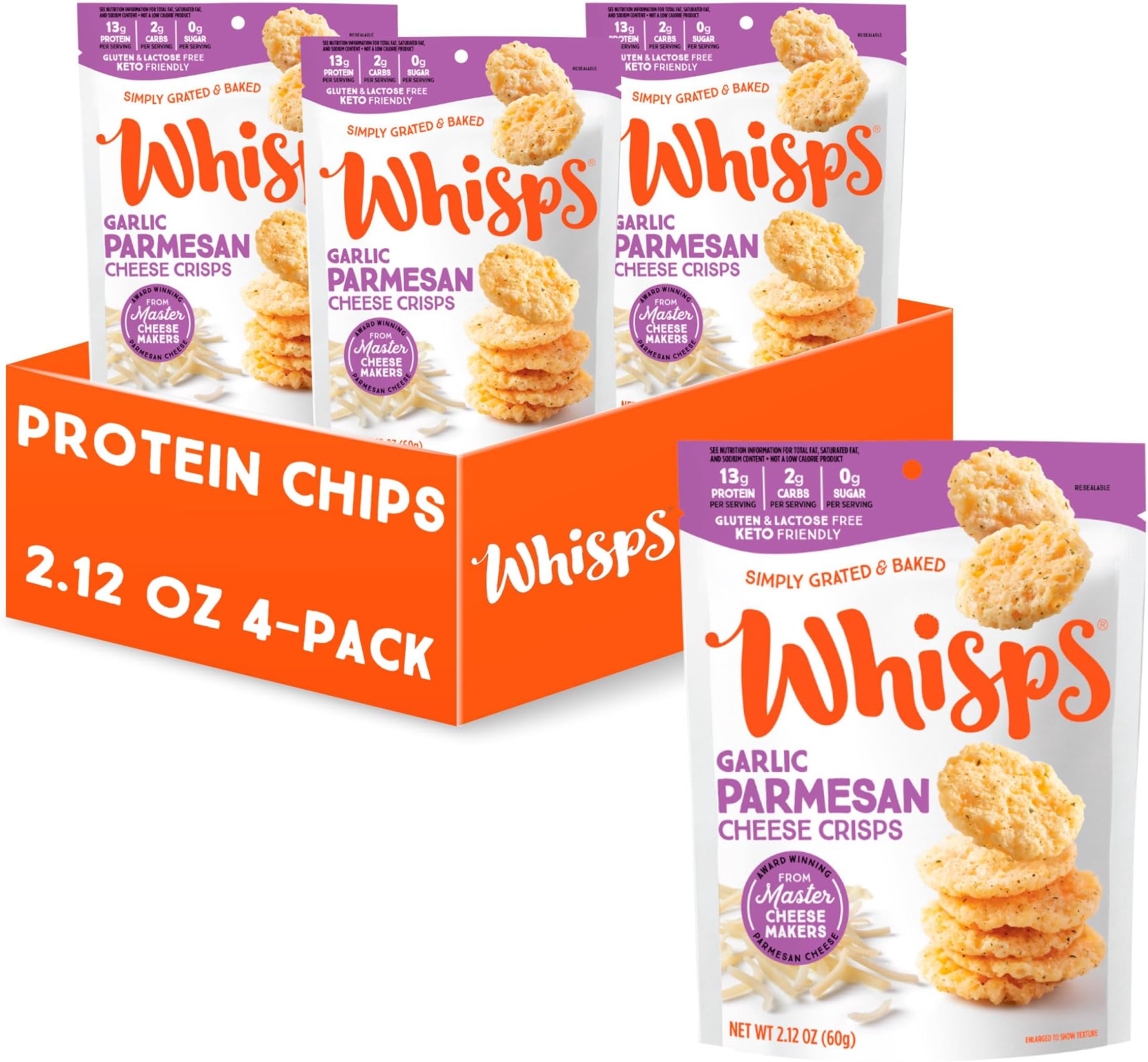 Whisps Cheese Crisps Garlic Herb | Protein Chips | Healthy Snacks | Protein Snacks, Gluten Free, High Protein, Low Carb Keto Food (2.12 Oz, 4 Pack)