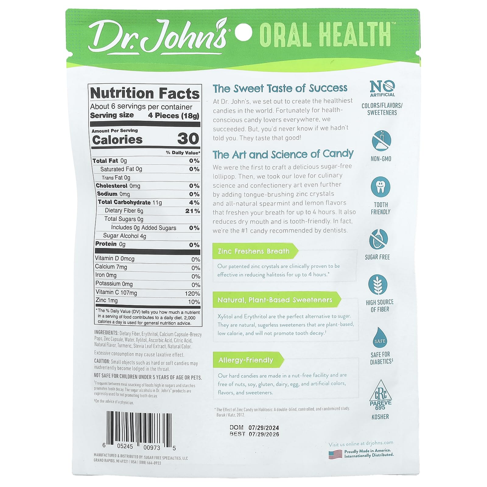 Dr. John’s Oral Health Sugar Free Candy, Healthy Fresh Breath Drops with Zero Sugar, Low Calorie Snacks, Hard Candy Sweets, Lemon Spearmint Flavor, 24 Count, 3.85 OZ
