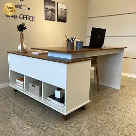 Escrivaninha em L Retrô para Home Office ou Escritório 2 Gavetas - Gold Artany