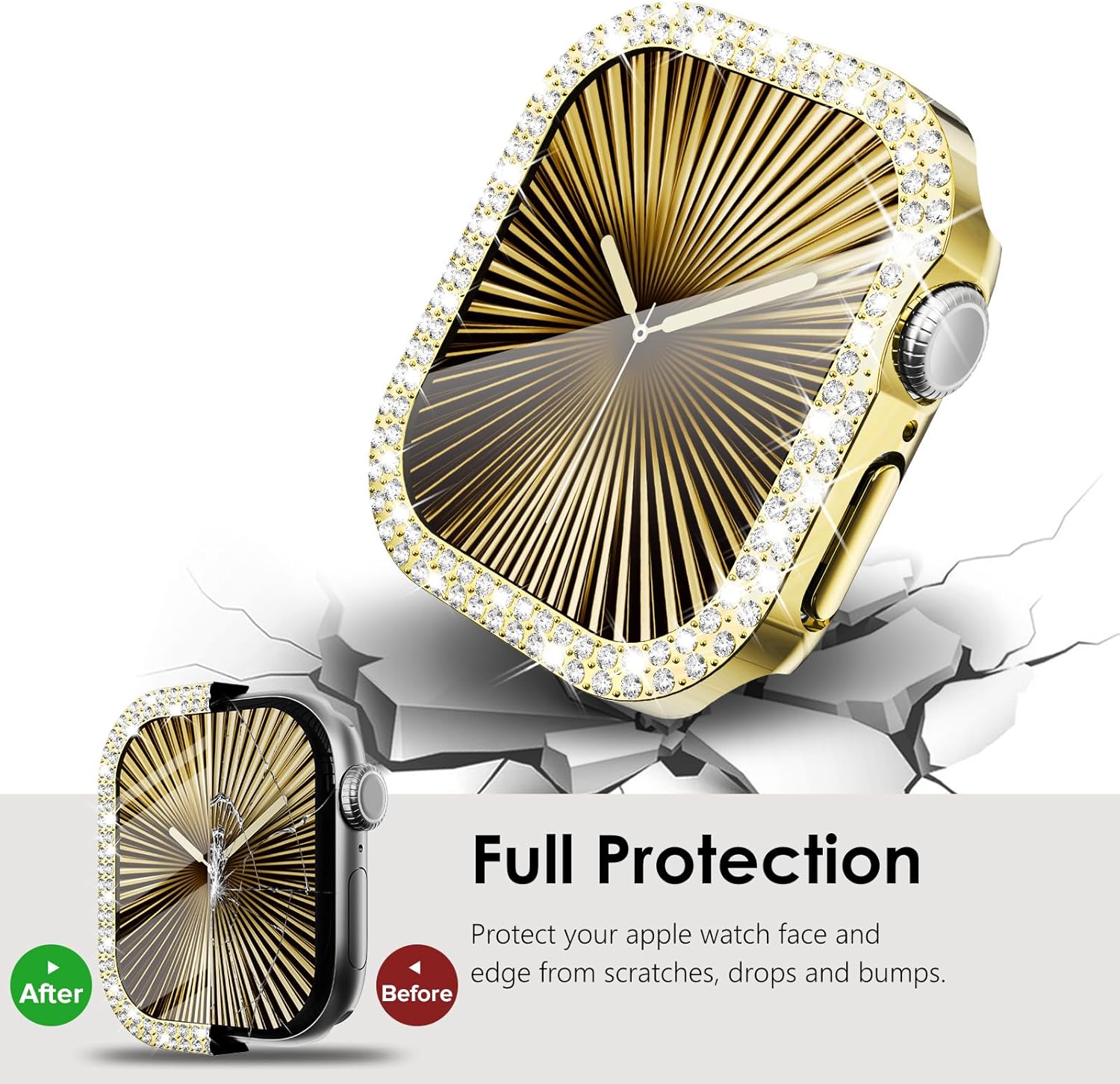 KADES Compatible with Apple Watch Series 11 10 46mm, Double Row Diamond Bling Case with Built-in Screen Protector (No Black Edge), Sparkling Rhinestone Protective Cover, Gold - Image 5