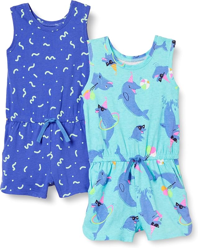 Girls and Toddlers' Knit Sleeveless Tank Rompers with Pockets, Pack of 2