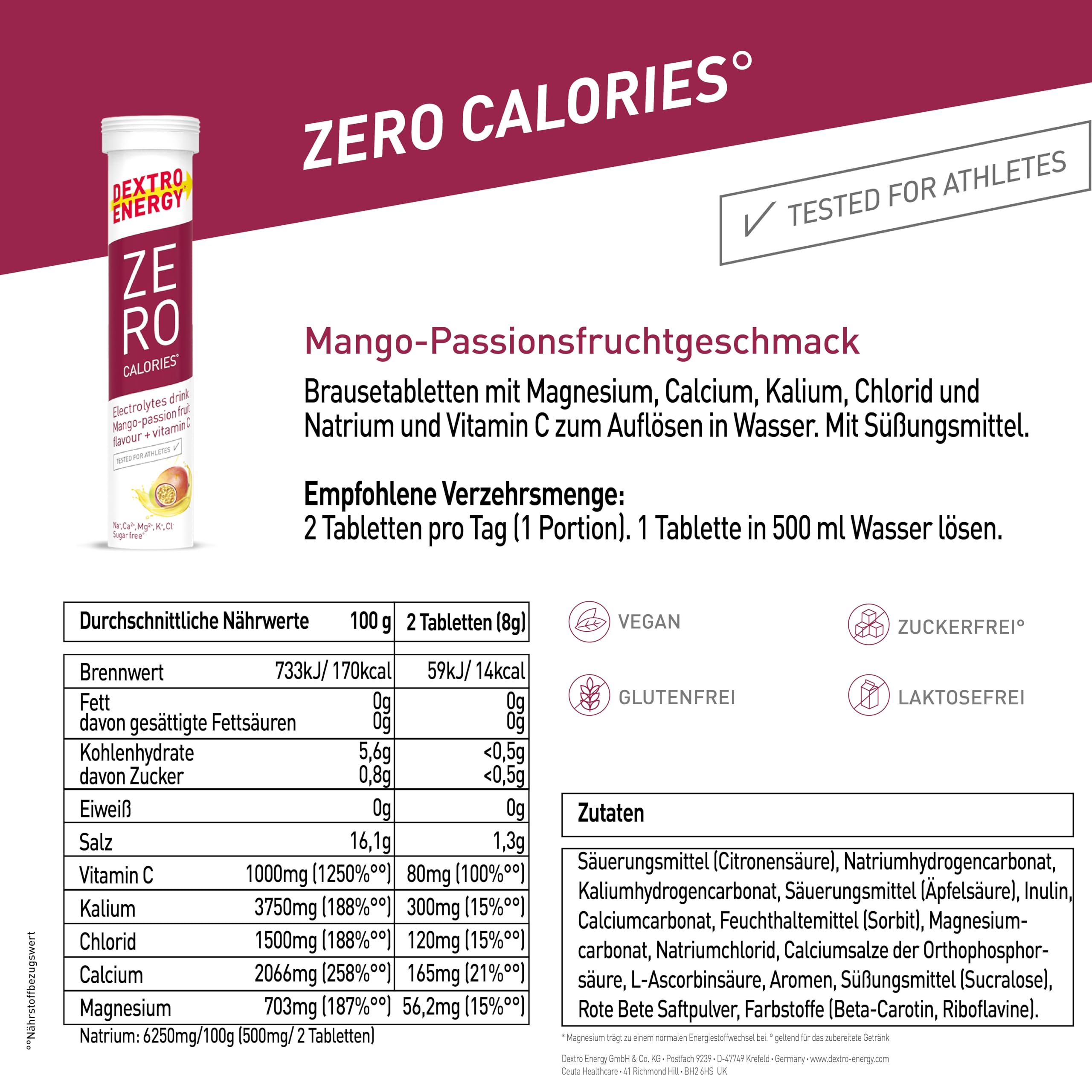 Dextro Energy Zero Calories Elektrolyte ohne Zucker Mango Passionfruit + Vitamin C - 12x20 Brausetabletten (12er Pack) Zusatz von Natrium, Magnesium, Chlorid, Calcium und Calium für Sportgetränke