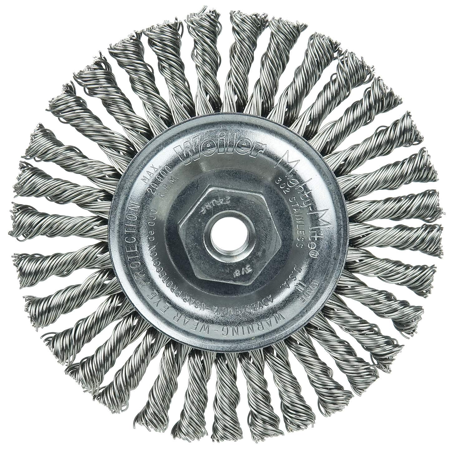 Weiler 13135 Dualife 3/8"-24 Arbor, 0.020" Wire Size, 4" Diameter, 3/16" Face Width, 302 Stainless Steel Bristles, Very Narrow Face, Stringer Bead Twist Knot Wire Wheel Brush