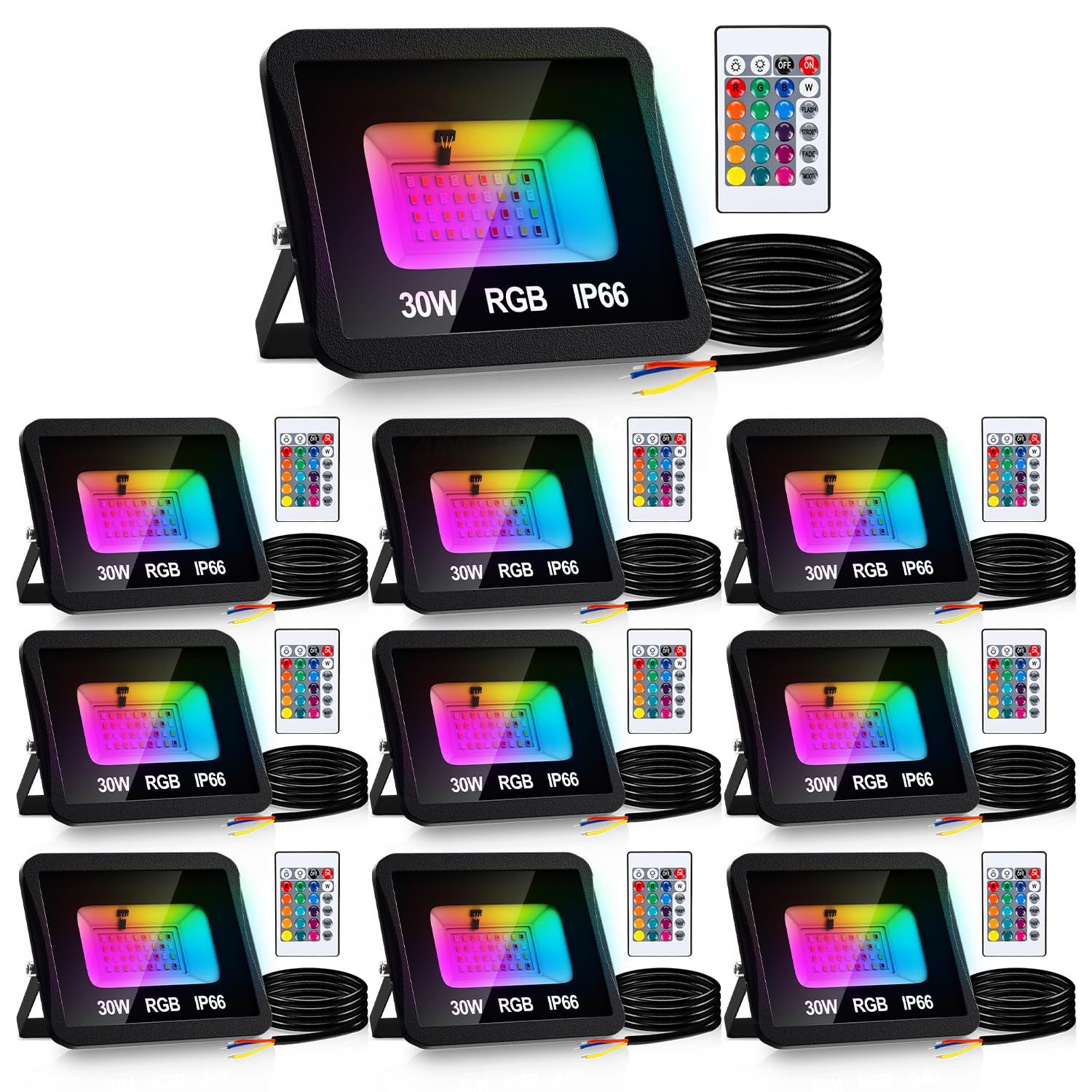 RGB LED Strahler Außen 10er 30W mit Fernbedienung, RGB Fluter LED Dimmbar Gartenstrahler, 16 Farben 4 Modi IP66 Wasserdicht, Memoryfunktion für Party Außen