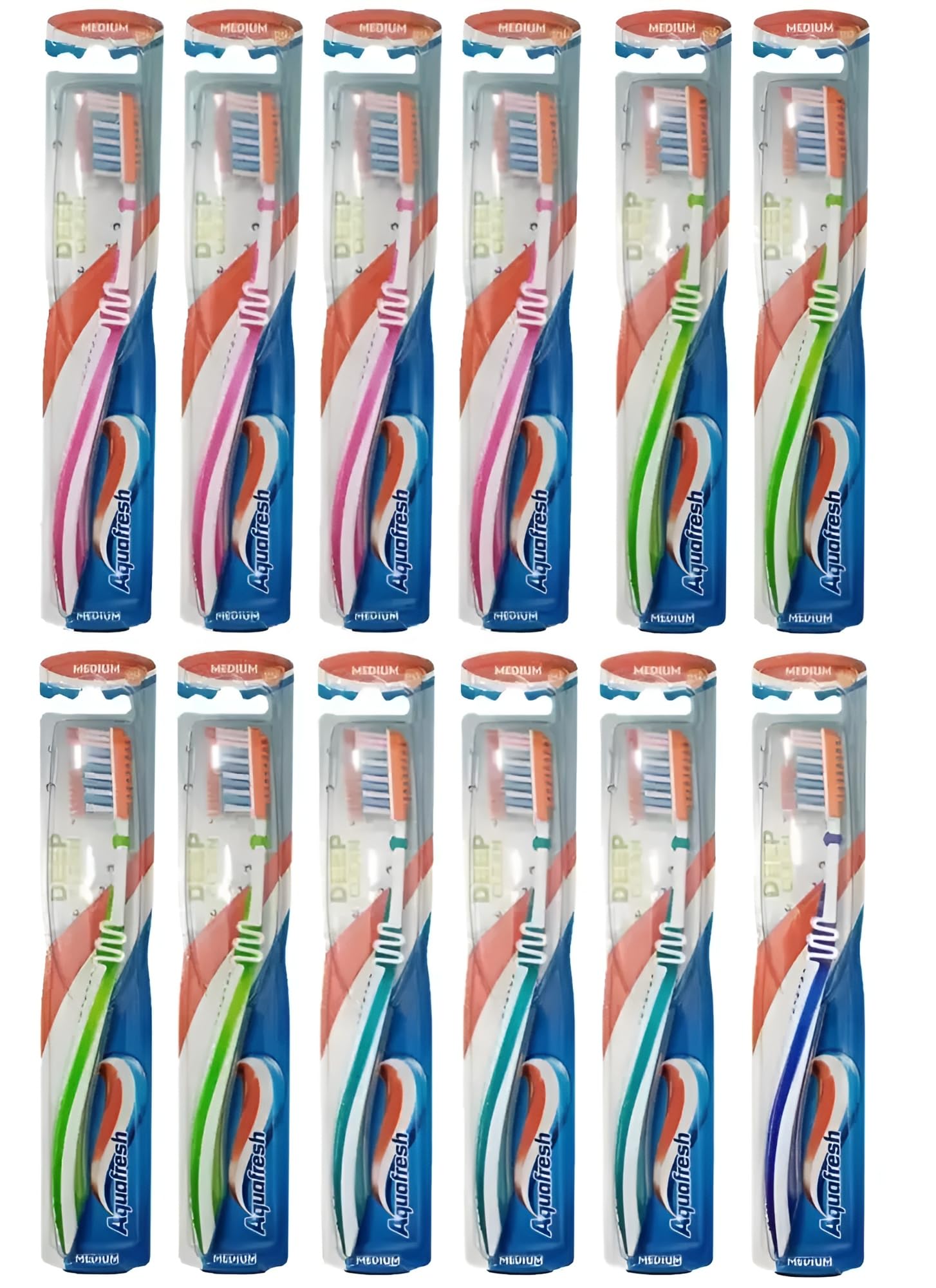 12 cepillos de dientes Aquafresh Deep Clean Medium – Cerdas medianas, colores surtidos – Limpieza profunda para dientes y encías, mango ergonómico, paquete ahorro