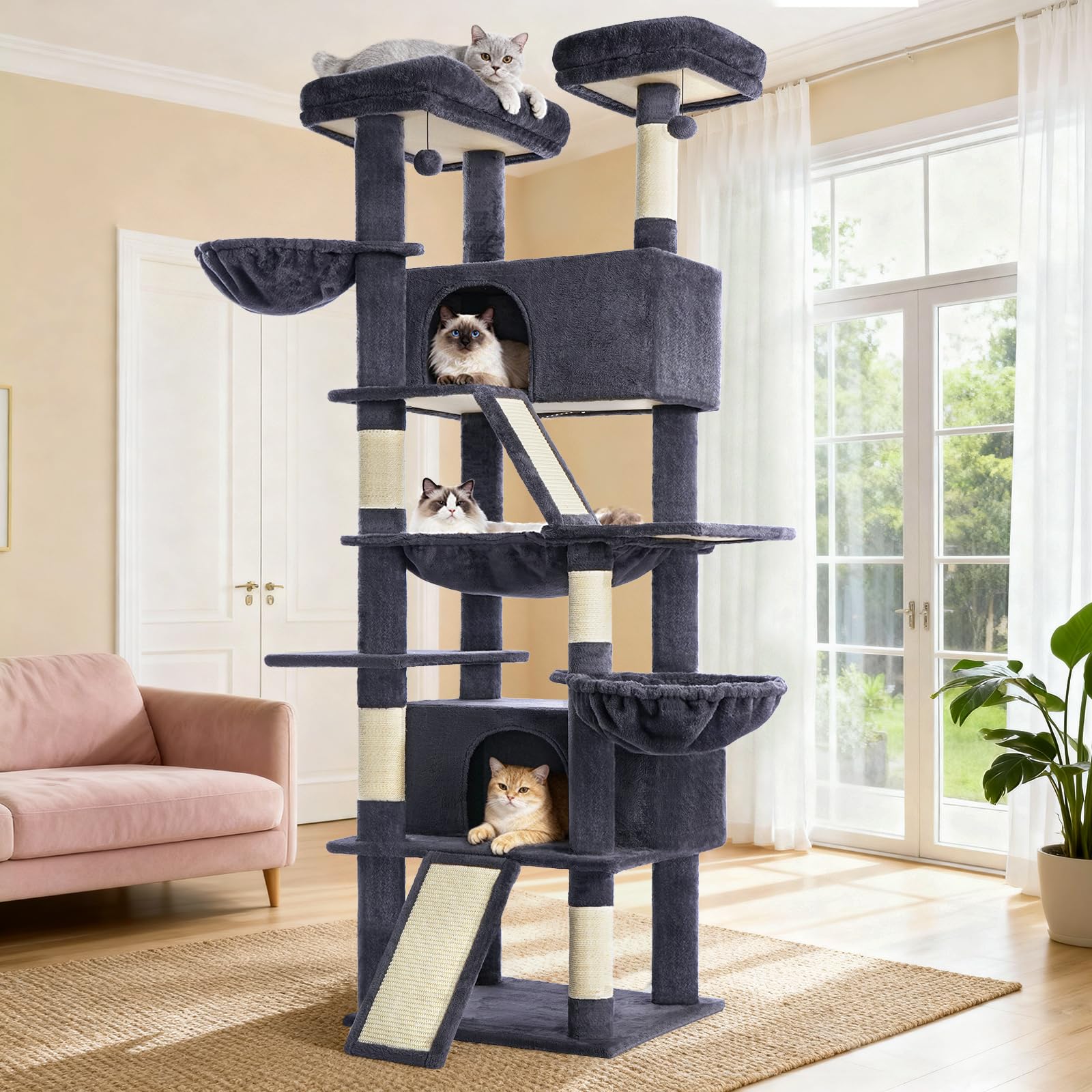 ABCPET Cat Tree 82 in Multi-Level Heavy Duty Cat Tower for Indooe Cats, Large Cat Tree with Sisal Scratching Posts, Hammock, 2 Perches, 2 Condos, 2 Hanging Basket, Dark Grey