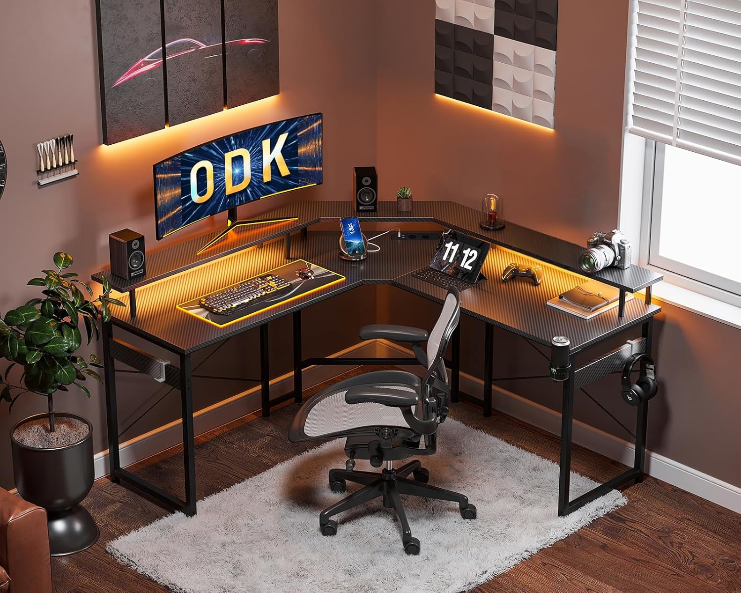 ODK L-Shaped Gaming Desk during assembly, showing frame and panels