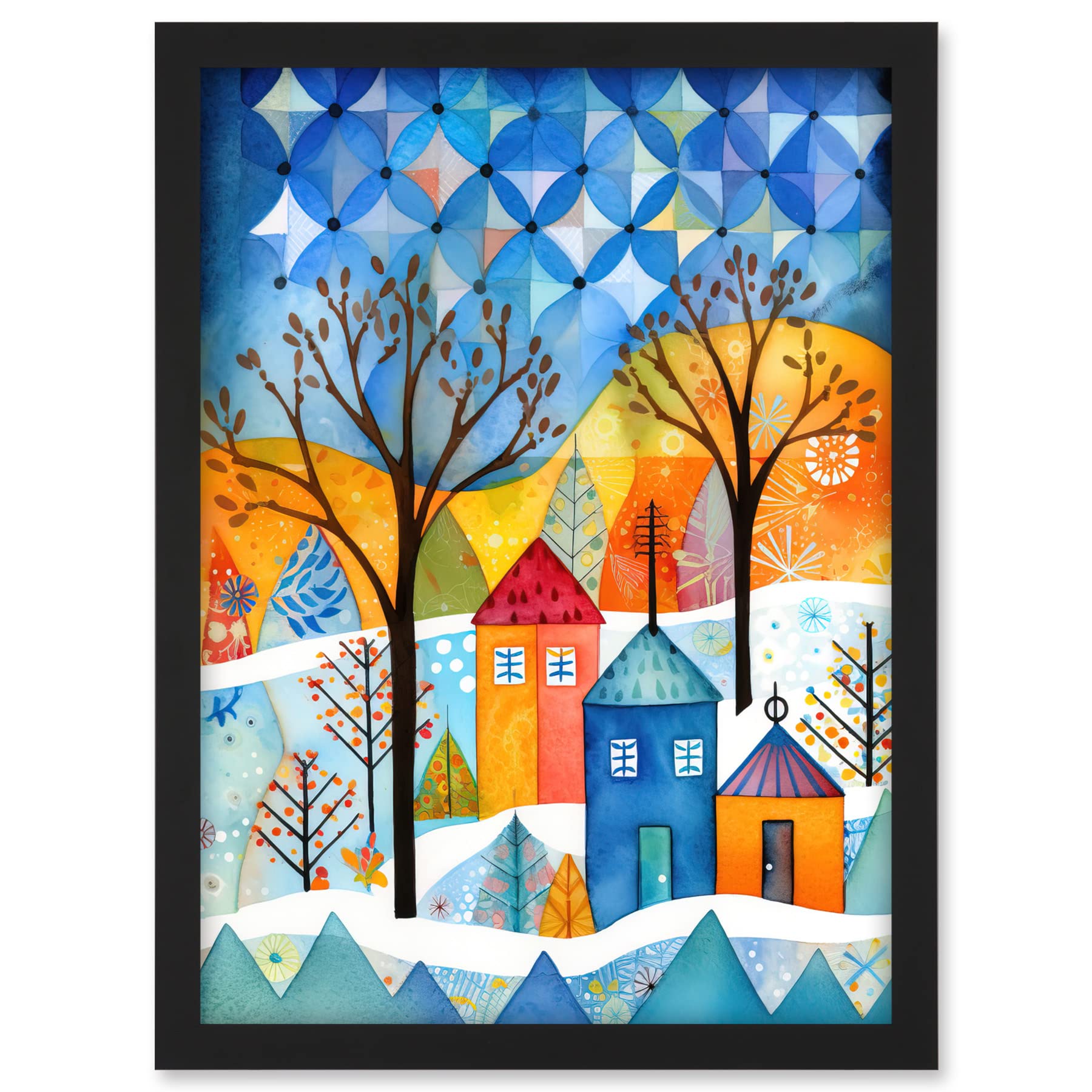 Artery8 Abstract Winter Snowfall Folk Art Artwork Framed A3 Wall Art Print