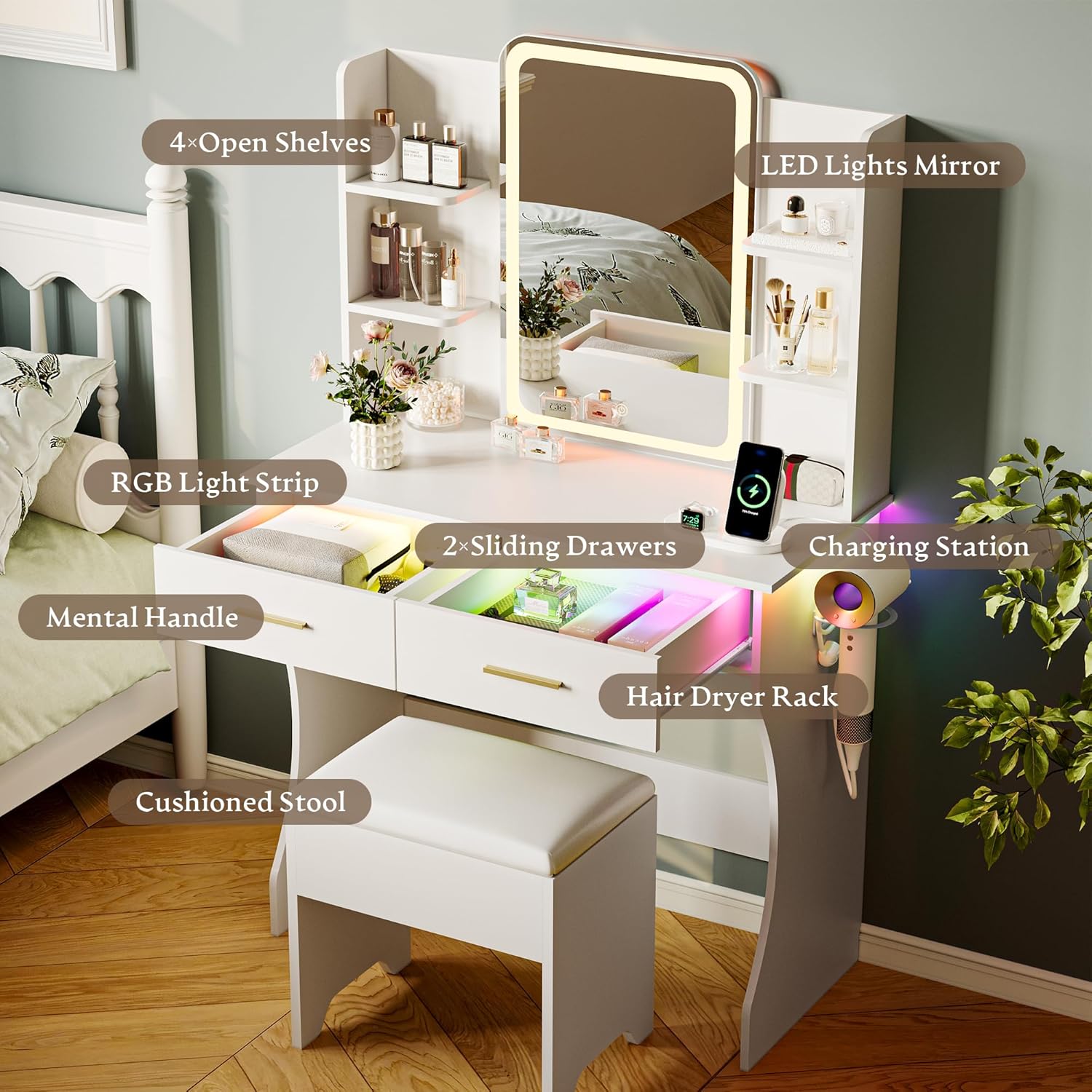 Makeup Vanity Desk with Mirror & Lights, Small Vanity Table Set for Girls with Chair & Power Outlet, Modern Dressing Table with 2 Drawers & 4 Storage Shelves, Adjustable RGB Lighting - White
