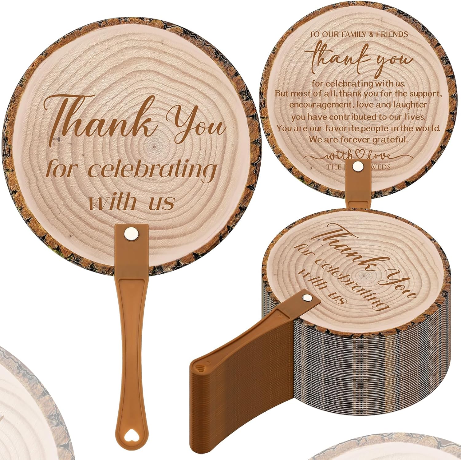 CroBlissful 100 Pcs Wedding Hand Fans for Guests Bulk Decorative Plastic Handheld Wedding Favor Fans with Handle Thank You for Celebrating with Us for Ceremony Bridal Shower Party Decor (Tree Bark)
