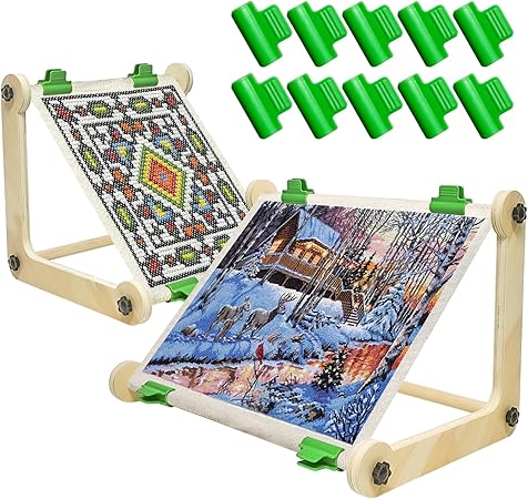 2 Pack Adjustable Wooden Embroidery Stands for Cross Stitch, Tabletop Hoop Holder with 2 Sizes Rods Tapestry Needlepoint Lap Natural Wood Frame for Sewing & Quilting
