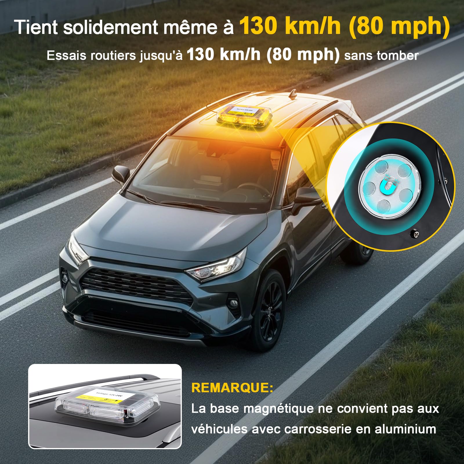 Rampe Gyrophare 90 LED 12V-24V Orange Magnétique pour Véhicule Chantier | Fixation 130 km/h Anti-Rayures, Câble 3 m Allume-Cigare, Norme Étanche IP65, 16 Motifs Mémoire