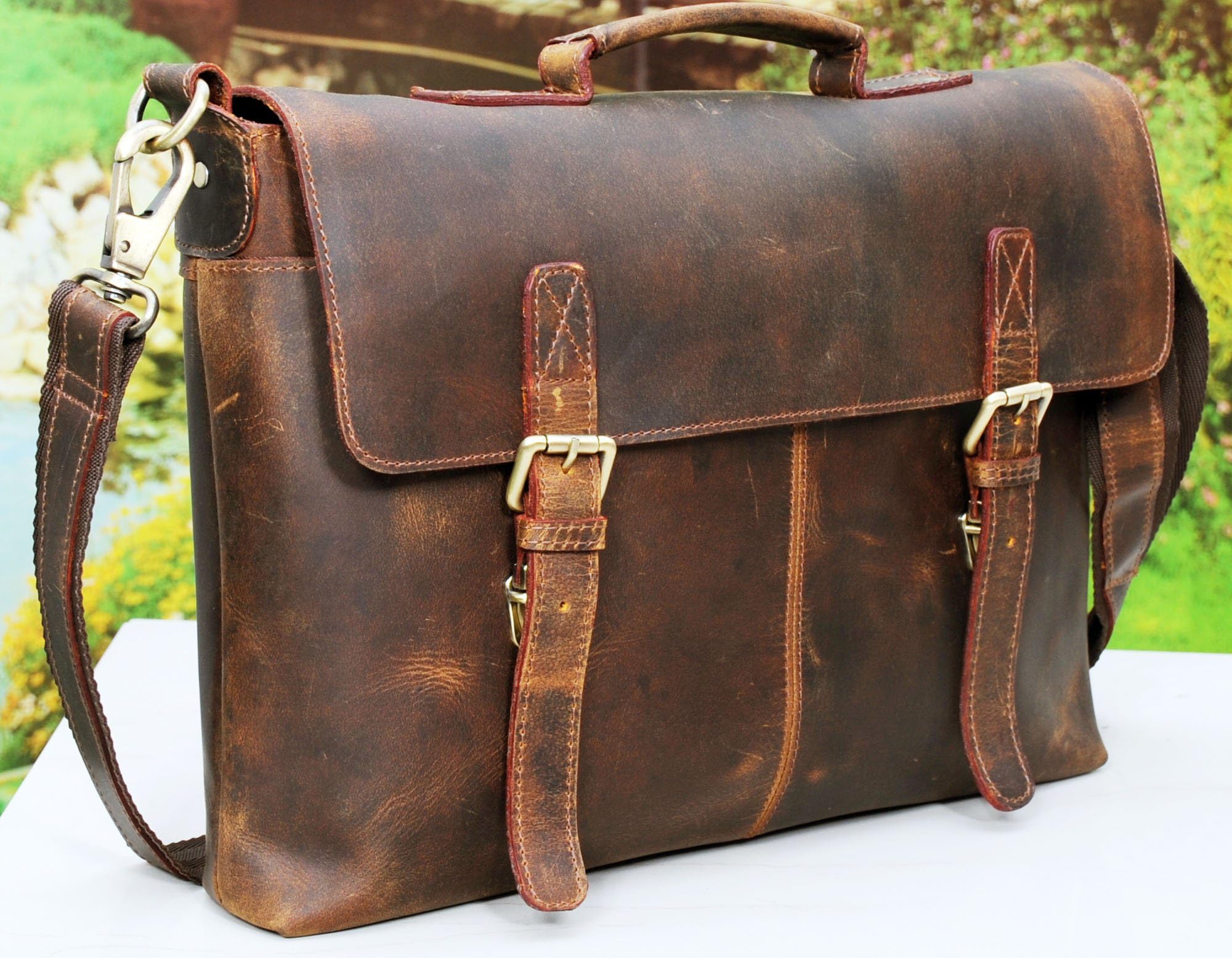 Leather Messenger Satchel Laptop Briefcase Men's Bag Crazy Vintage Leather Messenger Briefcase Bag