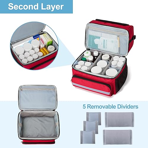 Miniatura 3 de CURMIO Bolsa de almacenamiento de medicamentos de doble capa, bolsa organizadora de botellas de píldoras con divisores internos, bolsa de viaje para