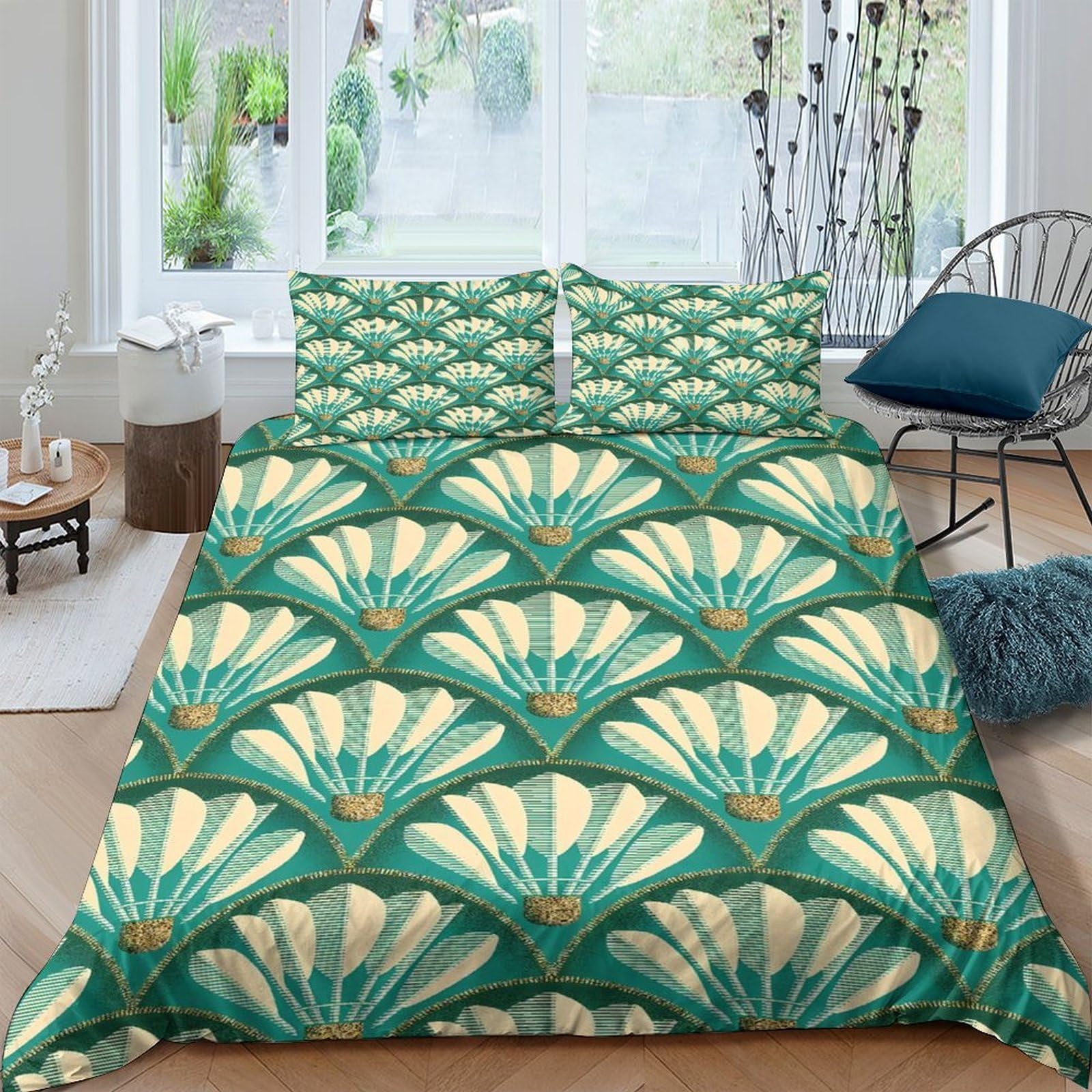 Ctjqhvkz Style-7 3D Printed Art Deco Leaf Fitted Sheet Microfiber Soft Green Geometric Fan Bed Cover Bedroom Mattress Protector Single（135X200cm）