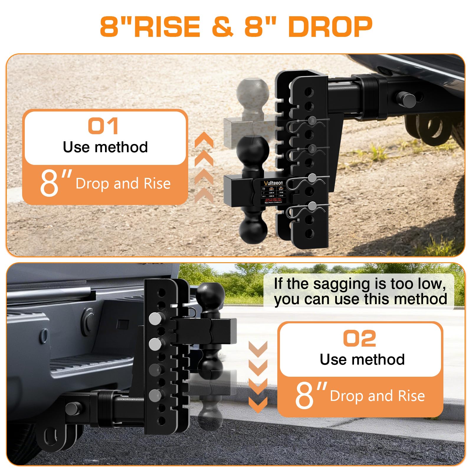 2026 Vullteeon Adjustable Trailer Hitch, 8-Inch Drop for 2-Inch Receiver - Heavy Duty Alloy Steel Truck Hitch with Slot-fit Design, Dual Ball Mount (2” & 2-5/16”), 20000 lbs GTW Tow Hitches — view 4
