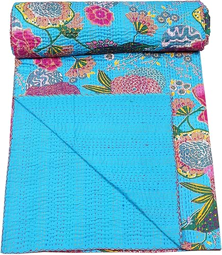 Vista 37 de Marubhumi Colcha Kantha reversible de algodón puro cosido a mano con estampado de frutas indias, edredón Kantha reversible (C verde, Queen