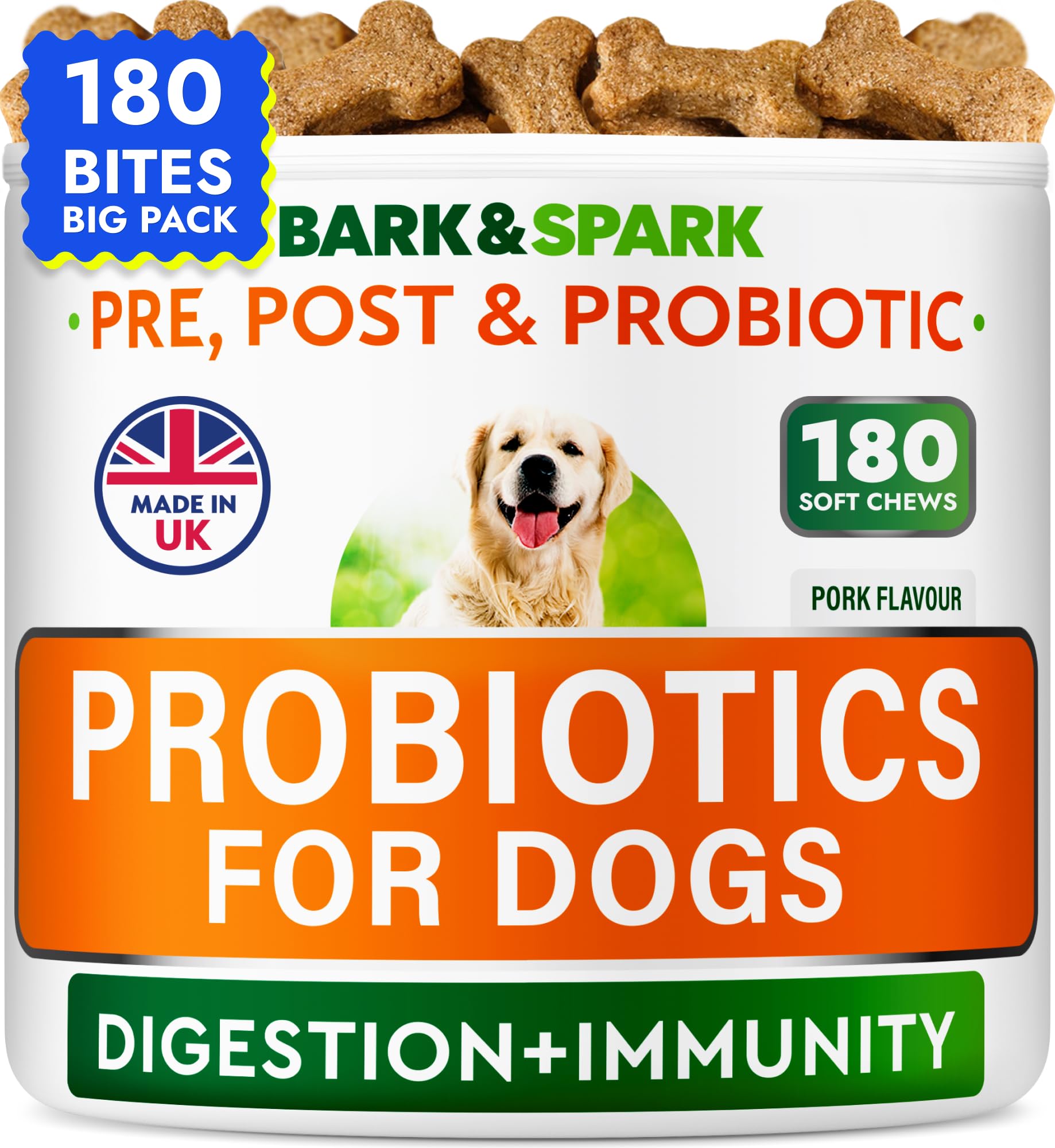 BARK&SPARK Advanced Dog Probiotics for Gut Health - Pre, Post & Probiotic Treats - Dogs Digestive Health Sensitive Tums Support - All Breeds & Ages - Probiotics for Dogs (180 Ct)