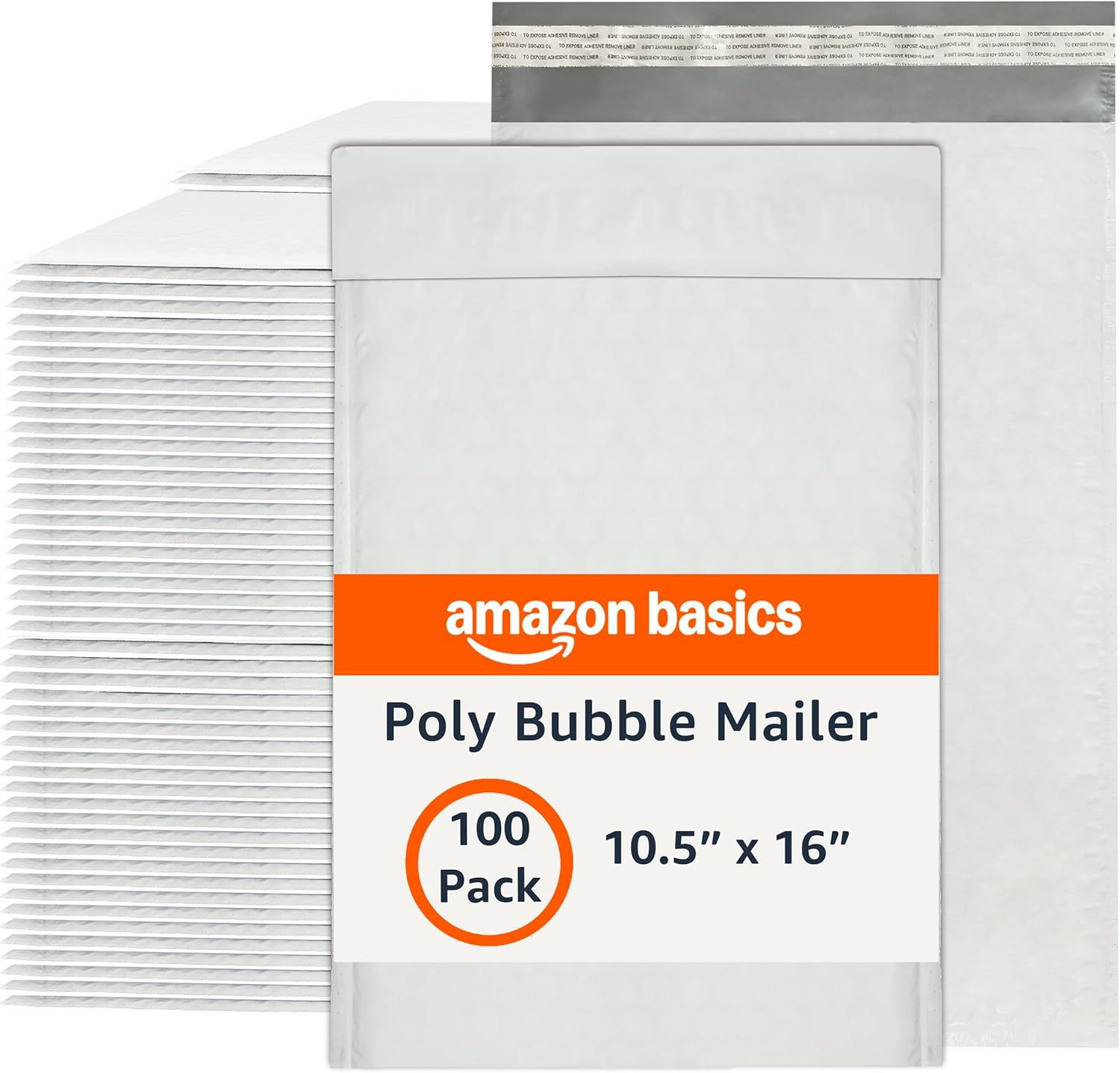 Amazon Basics Poly Bubble Self-Seal Mailer, 10.5" x 16" (Internal Size 10.25" x 15"), 100-Pack, White/Grey
