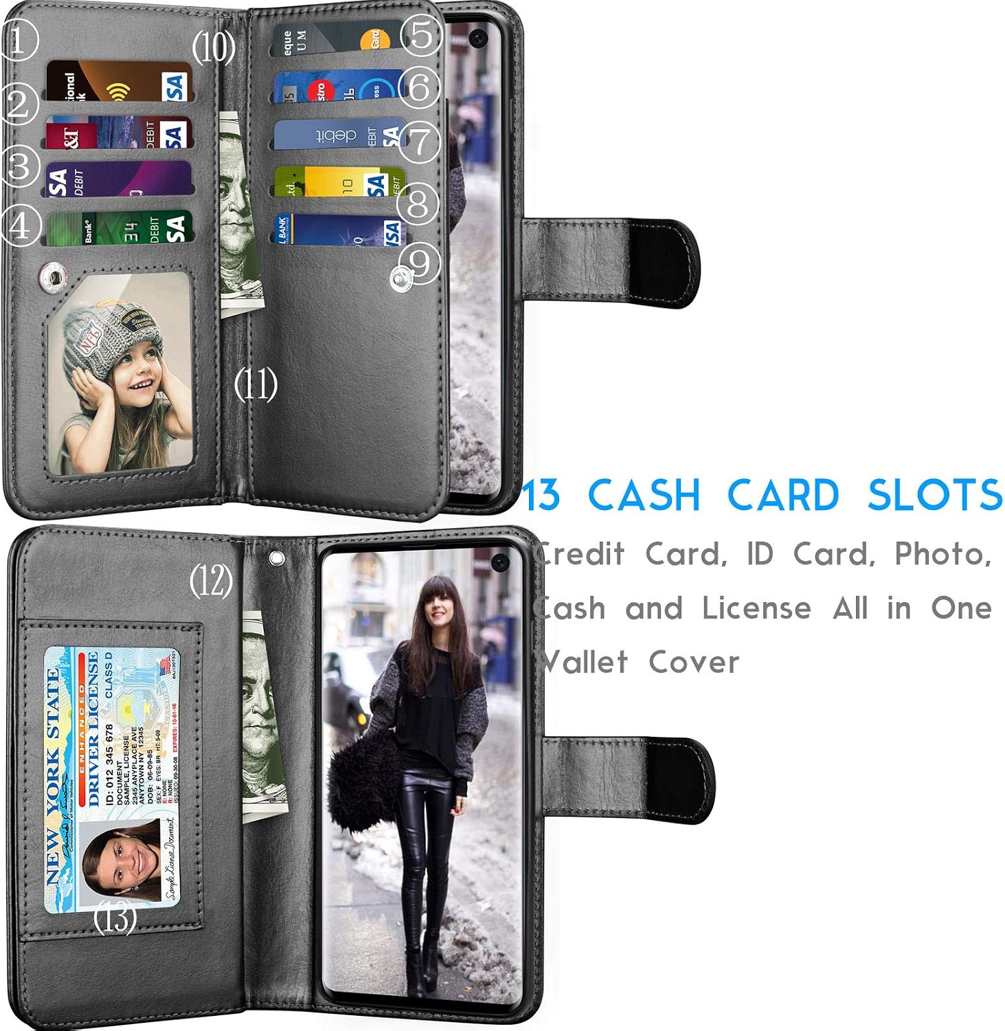 Tekcoo for Galaxy S10 Plus Case, for S10 Plus Wallet Case/PU Leather Case, Luxury Cash Credit Card Slots Holder Carrying Folio Flip Cover [Detachable Magnetic Case] Kickstand for Samsung S10+ Black