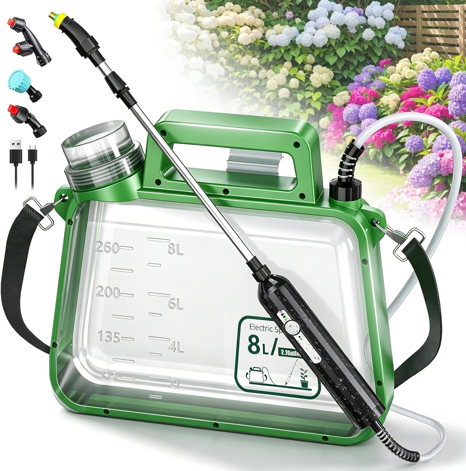 Battery Powered Sprayer 8L, Electric Garden Sprayer Weed Sprayer Pump Sprayer with Waterproof Retractable Wand, 4 Mist Nozzles, 2 Speeds, Battery Indicator for Lawn Garden Weed