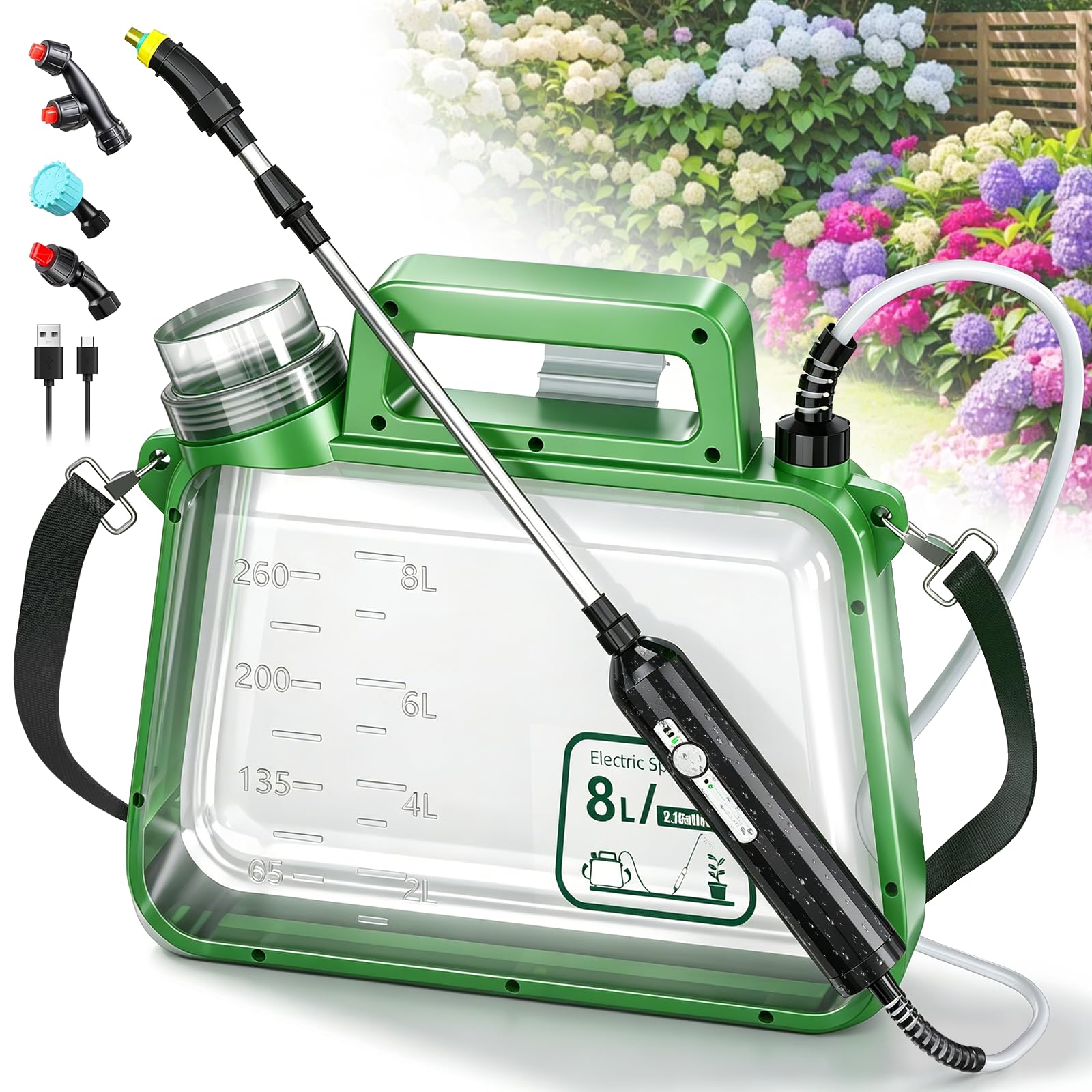 Battery Powered Sprayer 8L, Electric Garden Sprayer Weed Sprayer Pump Sprayer with Waterproof Retractable Wand, 4 Mist Nozzles, 2 Speeds, Battery Indicator for Lawn Garden Weed