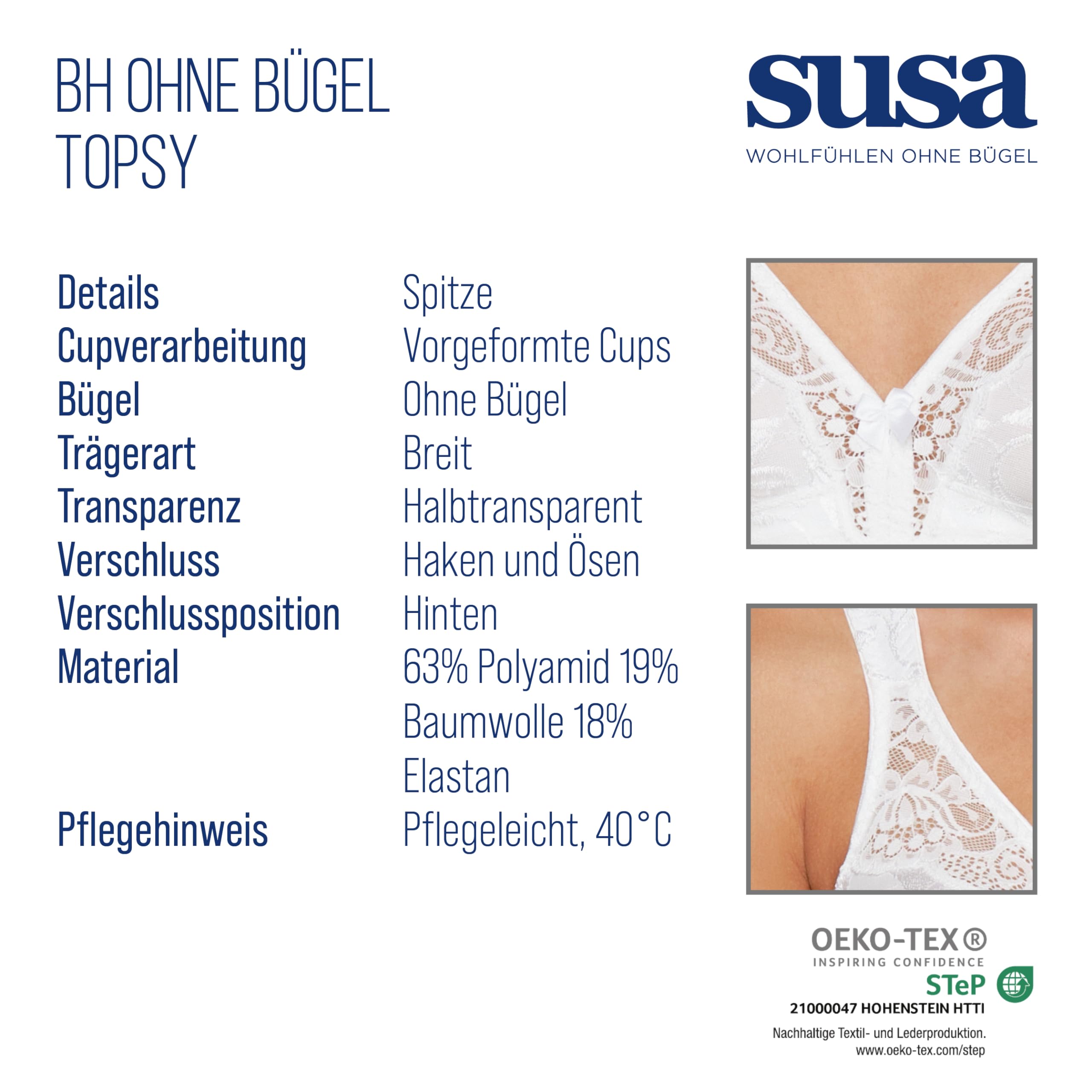SUSA BH Damen ohne Bügel Topsy, Damen-BHS mit nahtlosen Cups & seitlich eingearbeiteten Stützblenden, Perfekter Sitz durch hochelastische Träger