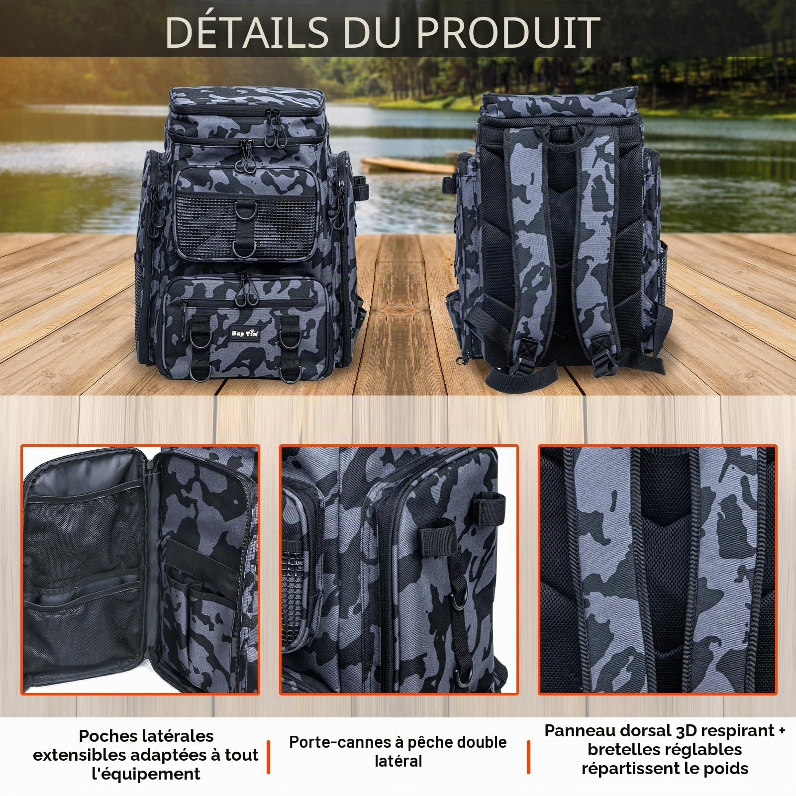 Hap Tim 42L Sac à Dos de pêche avec 2 Barres, Sac de pêche Multi-Poches, Accessoires d'équipement avec séparateur Amovible, Cadeaux pour Hommes pour Le Jour du Père Noël(FB-2308-CM-UE)