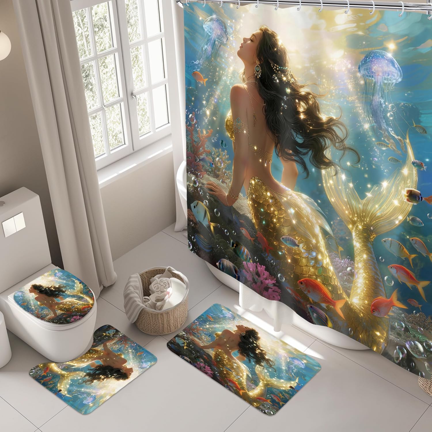 Riyidecor Mermaid 4Pcs Bathroom Shower Curtain Sets Beautiful Girls Kids Ocean Bathroom Decor Set with Rugs and Accessories Sunshine Jellyfish Toilet Lid Rug, Contour and Bath Mat with 12 Hooks