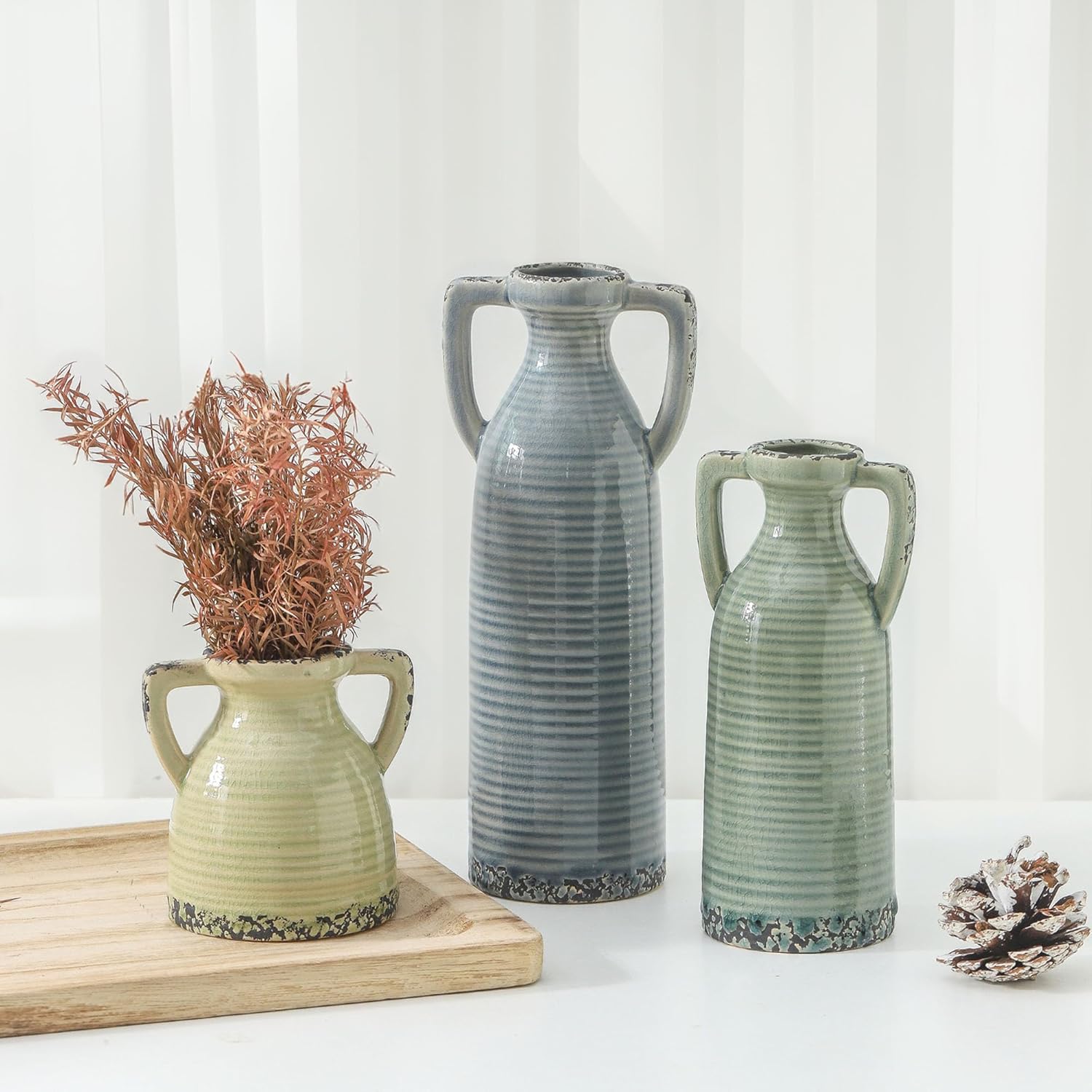 Ceramic Vase Set of 3 - Farmhouse Vase Set for Modern Decoration, Rustic Crackle Round Vases for Home Decor, Dining Table, Living Room, Kitchen, Office, Shelf - Multicolor - Image 8