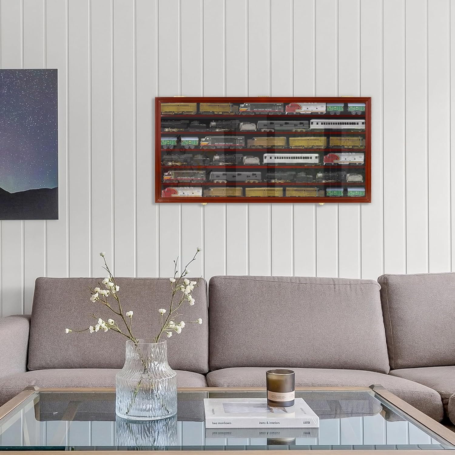 HO Scale Trains Display Case Wall Cabinet Shelves Compatible with Hot Toy Car Wheels 1:64 ad 1:43 Scale or N Scale Trains UV Protection Lockable (Mahogany Finish)