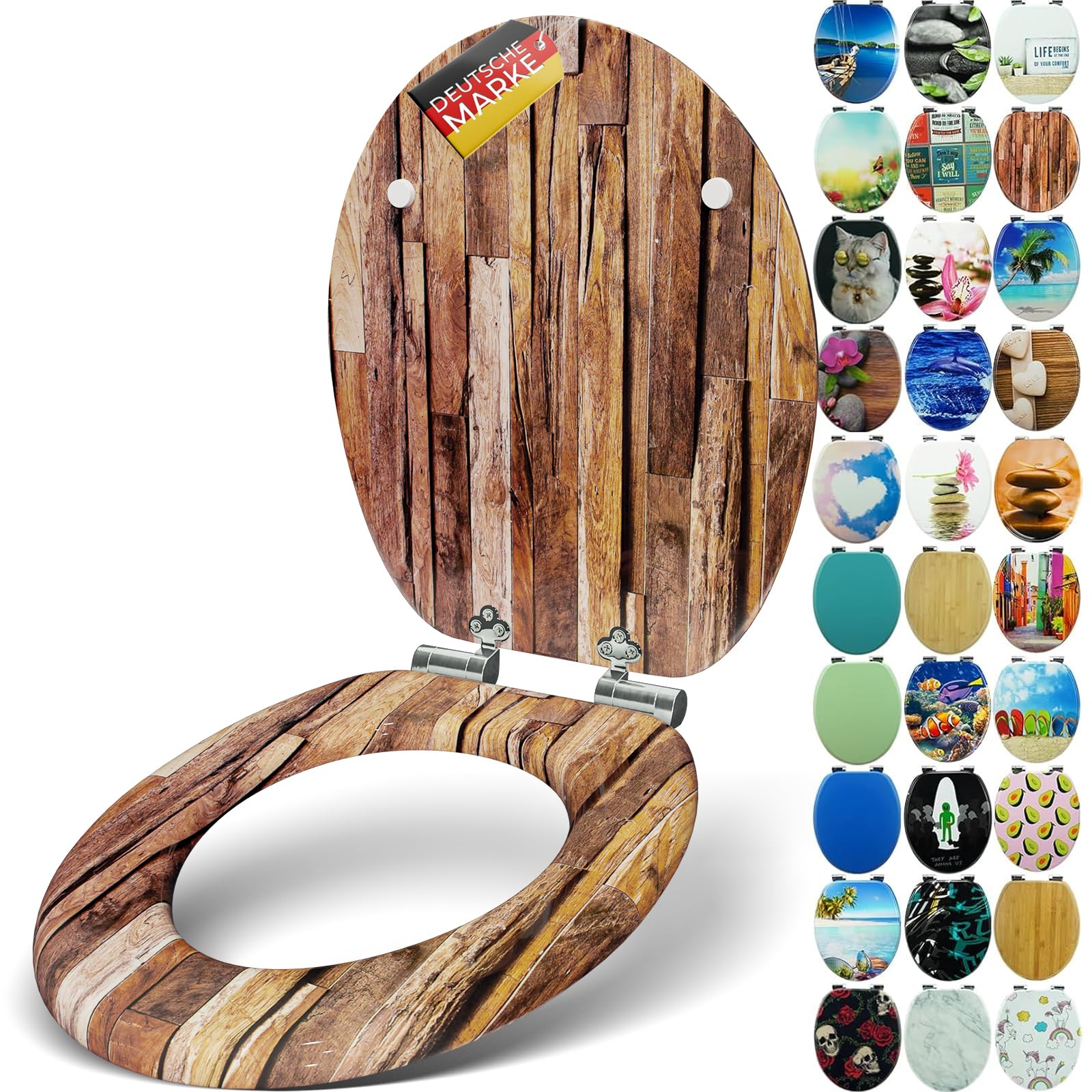 SANFINO® Premium WC Sitz mit Absenkautomatik – hochwertige Toilettendeckel aus Holz, viele bunte Motive, hoher Sitzkomfort, einfache Montage inklusive Montageanleitung – "Industrial Wood"