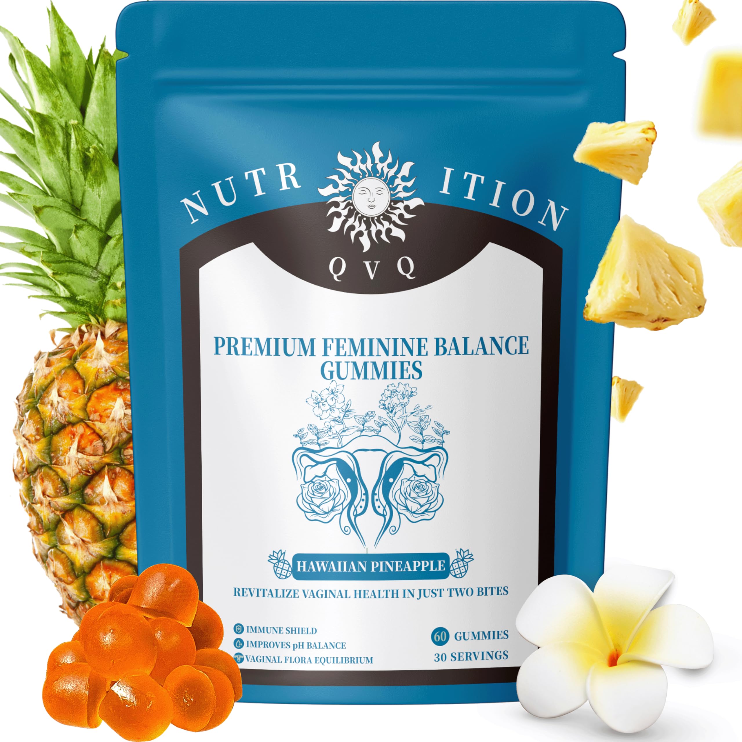 Organic Natural Sourcing Premium Feminine PH Balance Gummies for Women's Health, Immune Support, Hawaiian Pineapple Flavor Gluten-Free, Vegan Premium