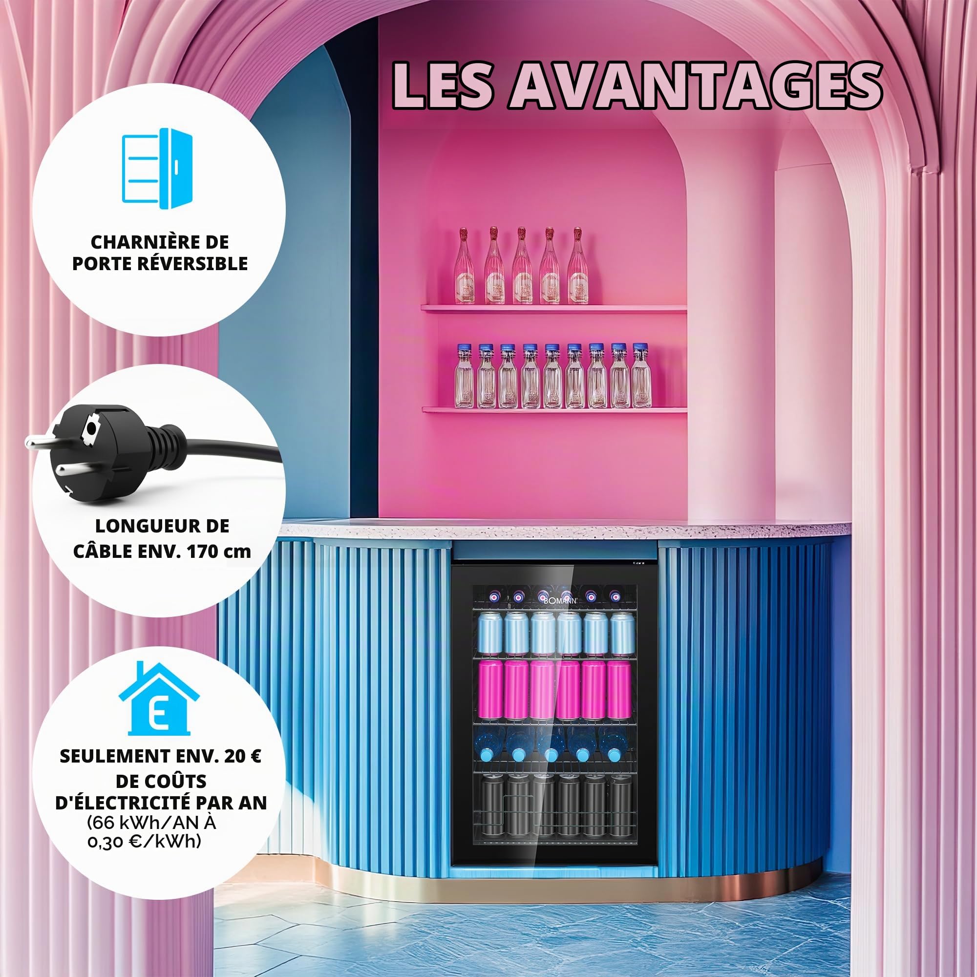 Bomann Réfrigérateur à Boissons 115 L KSG 7290, Éclairage LED, Noir | éclairage LED, contrôle +3 à +18 °C, 4 étagères câblées, porte double vitrage, sodas et bières