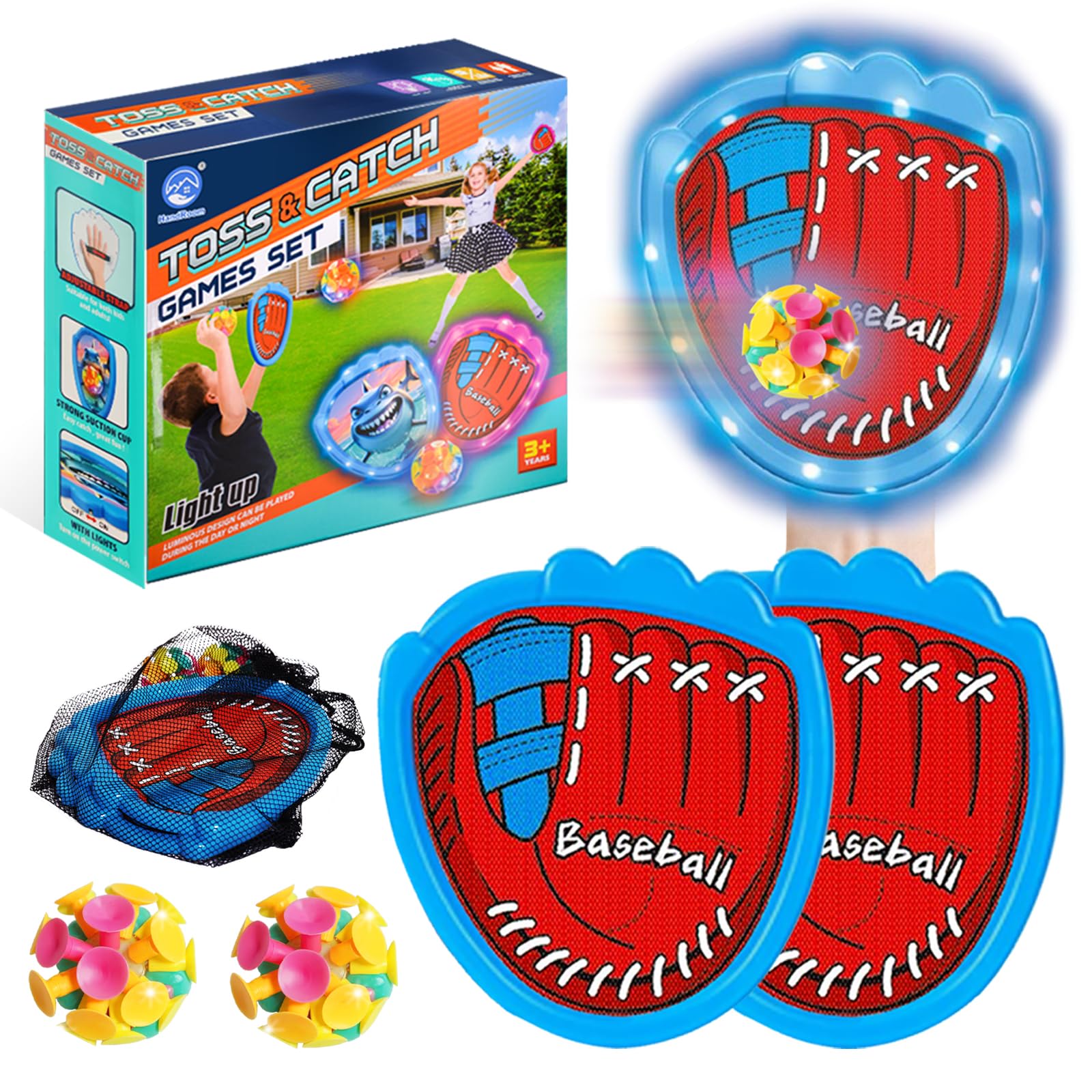 LED Toss and Catch Ball Set, Toddler Baseball Glove, Camping Beach Pool Toys For Kids, Outside Backyard Family Games, Sports & Outdoor Play Toys for 3 4-8 8-12 Year Old Boys Girls Birthday Gifts