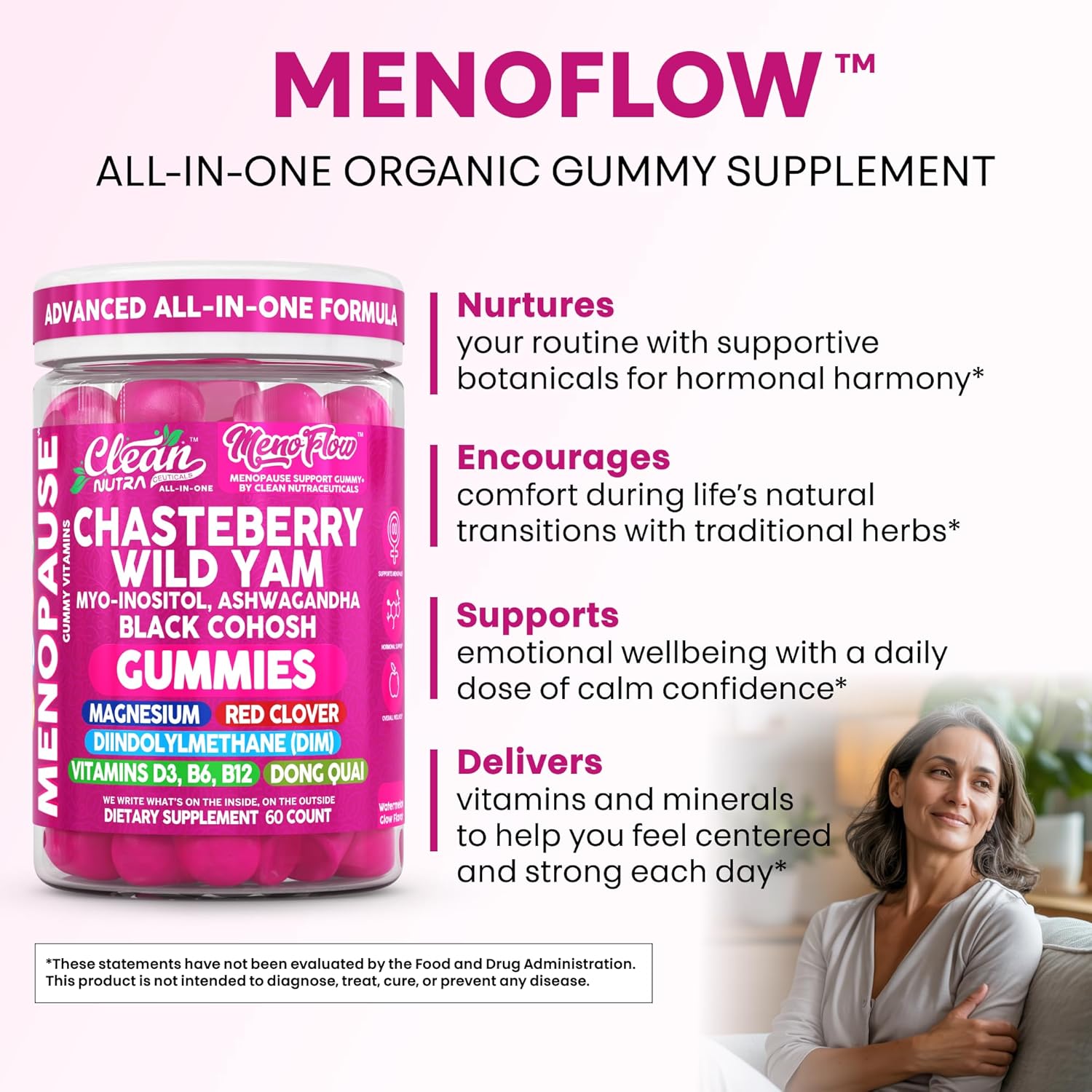 Clean Nutra Menopause Supplements for Women Chastberry Wild Yam Gummies Inositol Black Cohosh Magnesium Red Clover DIM Supplement B6 Magnesium Glycinate Glycine Vitex Hormone Balance Gummy Vitamins - Image 6