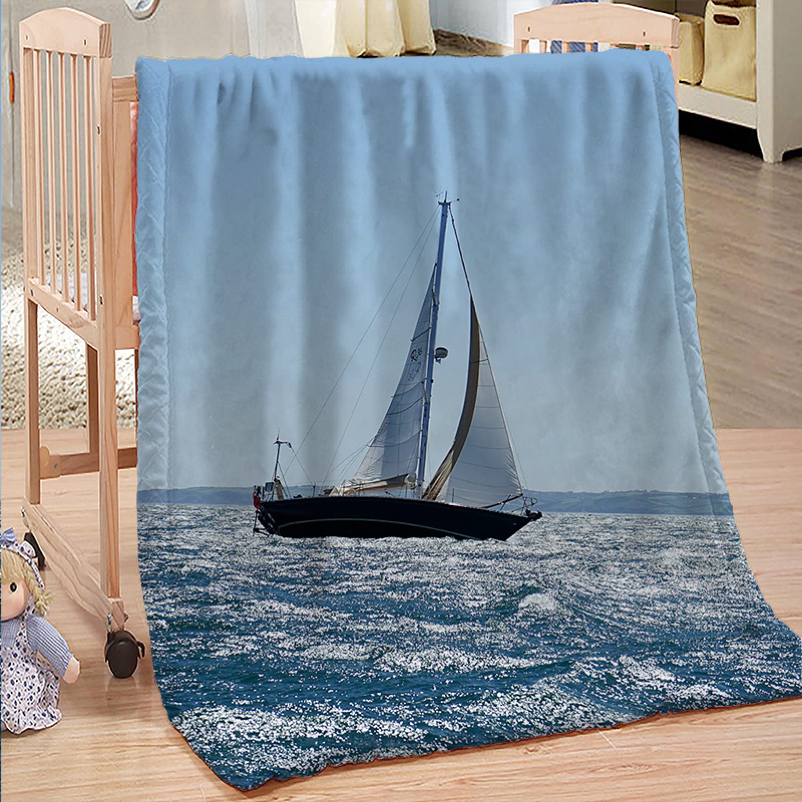 Couverture 150x200 bateau bleu flanelle douce jeté de lit polaire et plaid peluche canapé