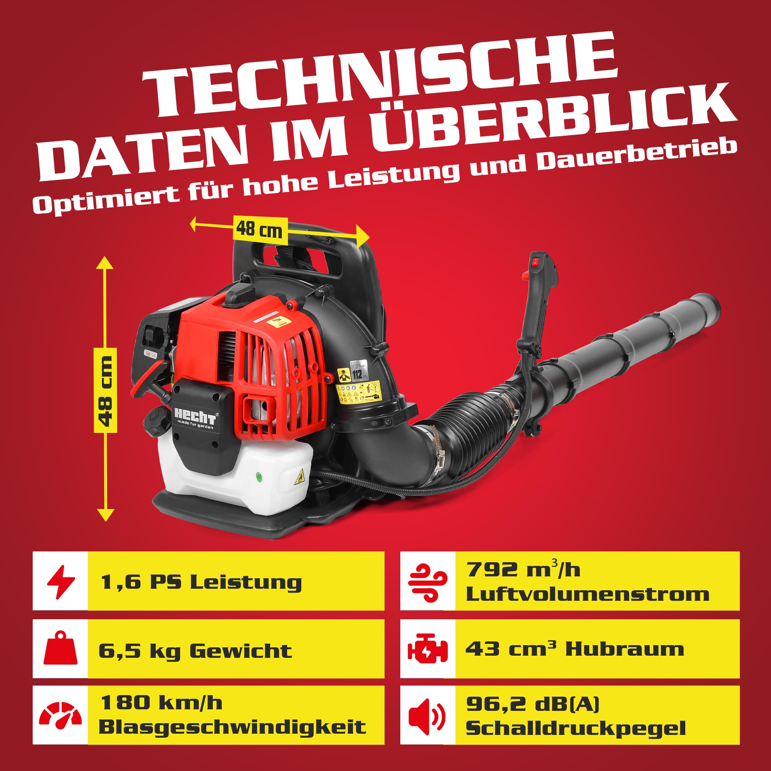 HECHT Benzin Laubbläser 43 cm³ 1,6 PS bis 180 km/h | Laubgebläse mit 792 m³/h Luftleistung, 6,5 kg Gewicht, Einfach-Start und Antivibrations-Rückenaufnahme