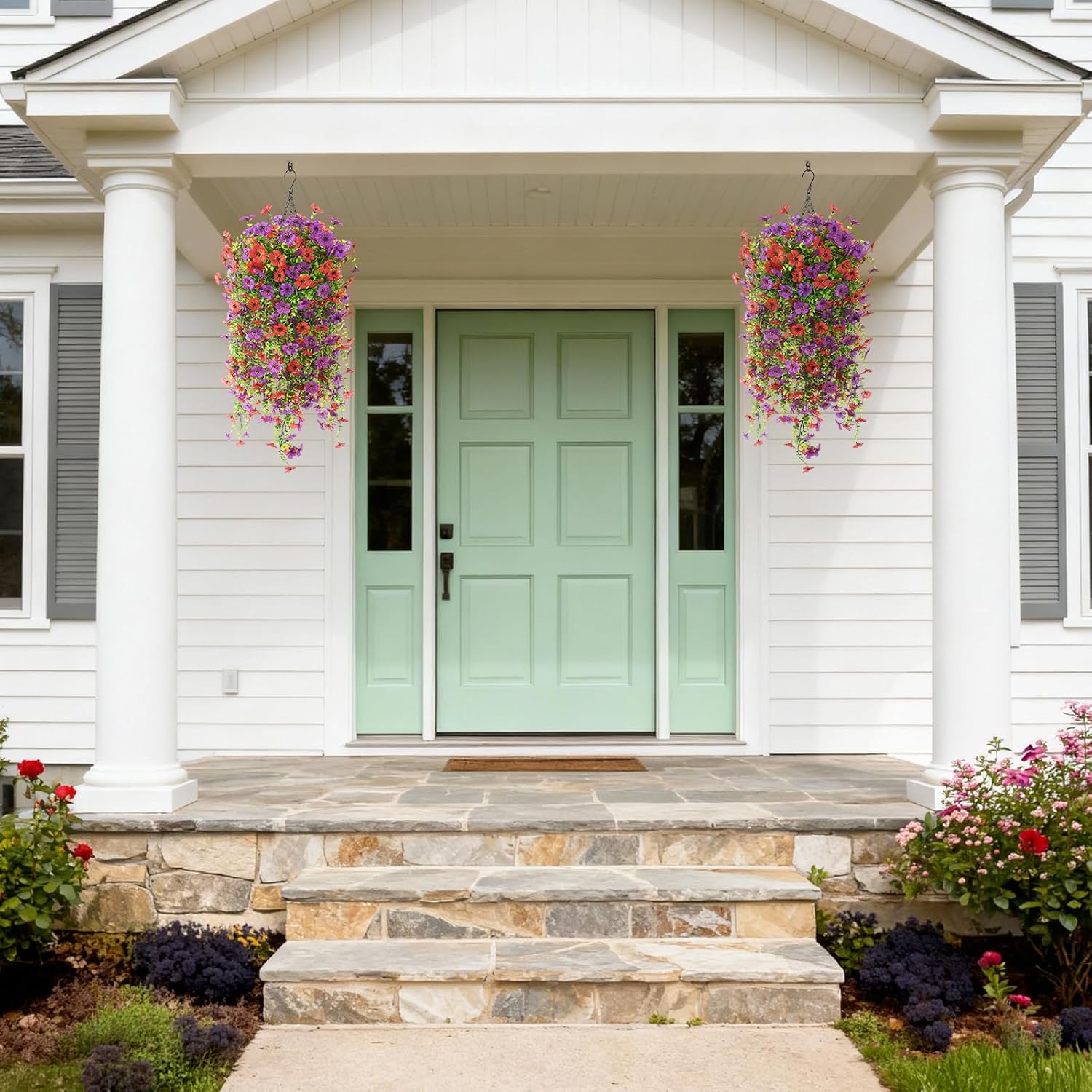 INQCMY Artificial Hanging Flower Baskets for Spring Outdoor Decoration Fake Plants UV Resistant Faux Silk Daisy with Eucalyptus Leaves Realistic Look for Home Porch Patio Yard - Image 2