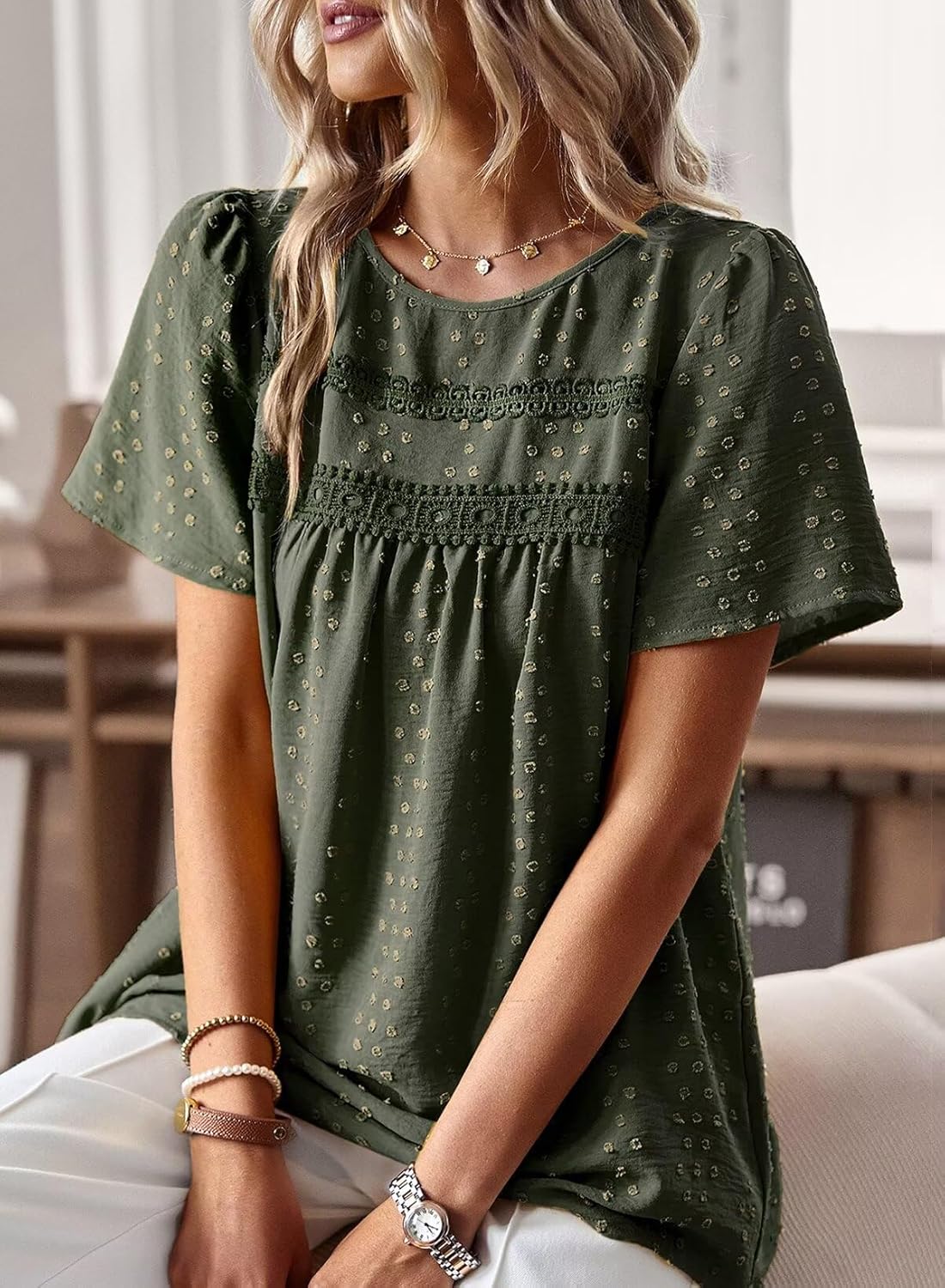 Womens Summer Tops Crewneck Short Sleeve Shirts Casual Chiffon Blouses Flowy Lace Hem Boho Clothing Trendy 2026 - Image 2