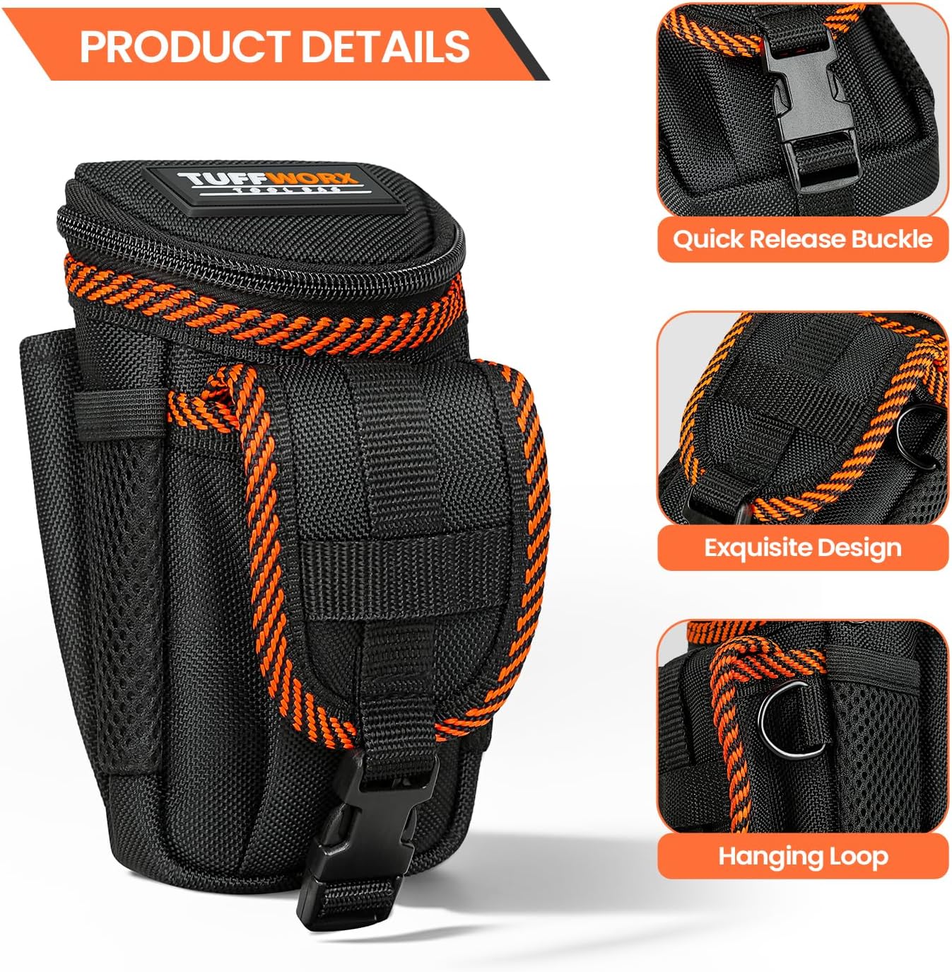 Tool Belt Pouch, Heavy Duty Utility Holder with Mesh Pocket, Black and Orange - Image 4