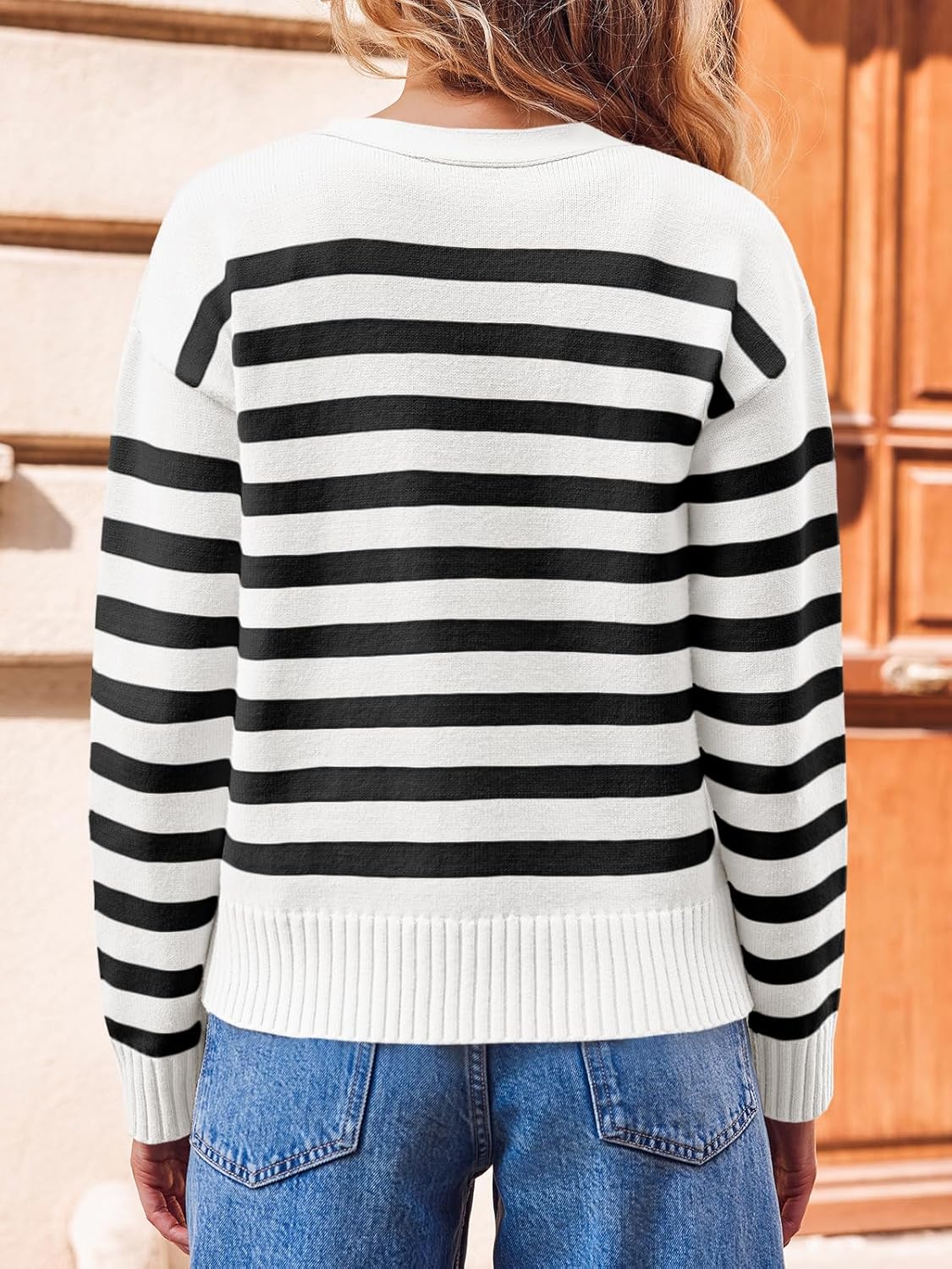 Saodimallsu Womens Striped Cardigan Sweaters V Neck Button Down Long Sleeve Open Front Ribbed Knit Outerwear - Image 6