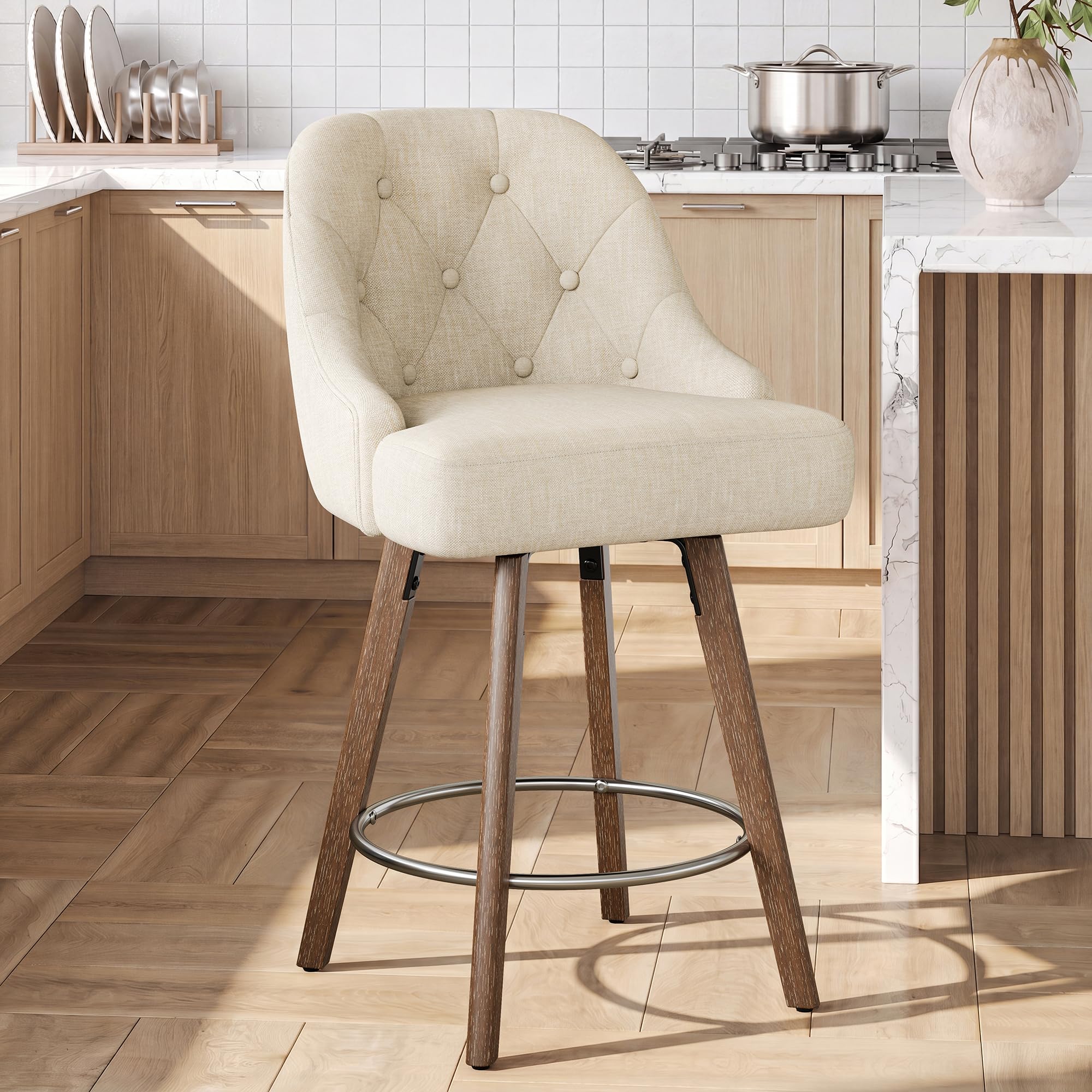 Furnihold Swivel Bar Stools Set of 1, Modern Linen Fabric Upholstered Counter Height Bar Stools with Backs & Solid Wood Legs for Kitchen, Beige