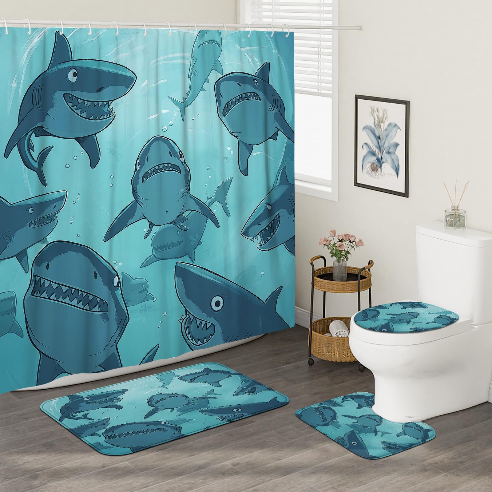 Juego de 4 accesorios de baño de tiburón anime para niños con alfombra antideslizante, en forma de U y cubierta de tapa de inodoro, decoración de baño de océano divertido de dibujos animados, 72 x 72