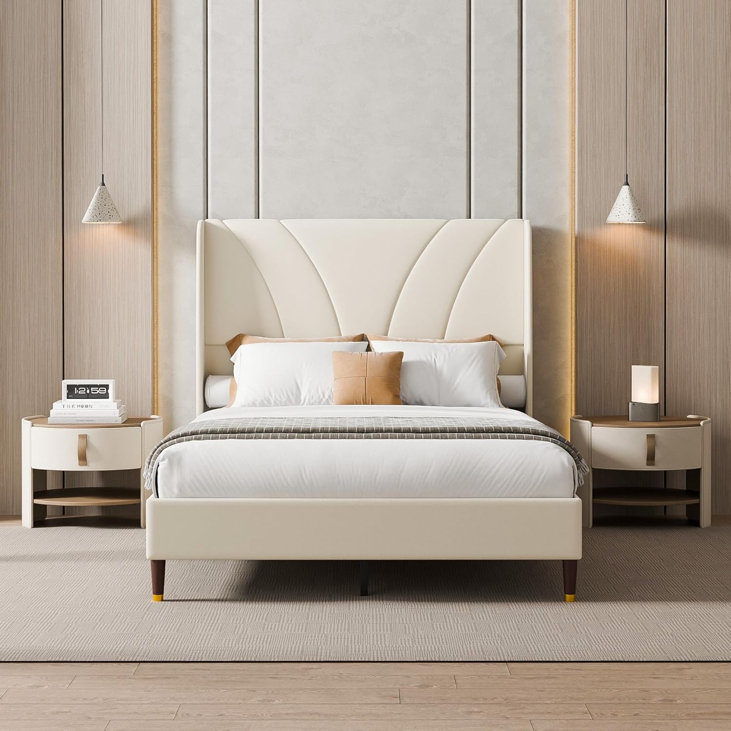 Cozy Castle Queen Size Bed Frame with 51.2" Tall Curved Wingback Headboard, Linen Upholstered Platform Bed, Soft Fabric, Noise-Free, Wooden Slats Support, No Box Spring Needed, Easy Assembly, Beige