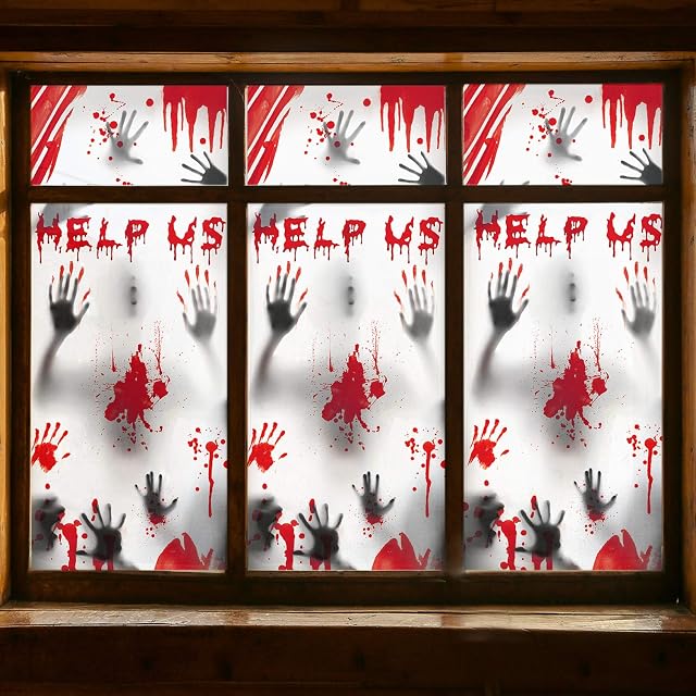 Halloween Window Decorations Zombie Posters - 3 Pcs Giant Bloody Handprints Zombie Silhouettes, Creepy Window Treatment Wall Decor Door Covers for Halloween Scary Haunted House Party Decorations