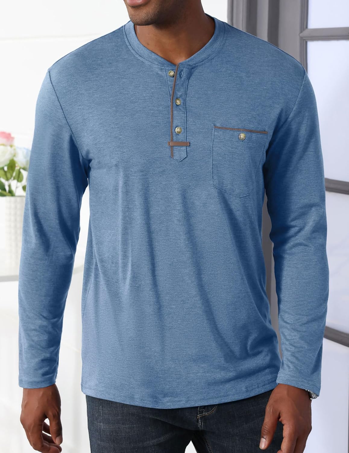 Mens Athletic Henley Shirts Casual Lightweight Long Sleeve Button Pullover with Pocket - Image 4