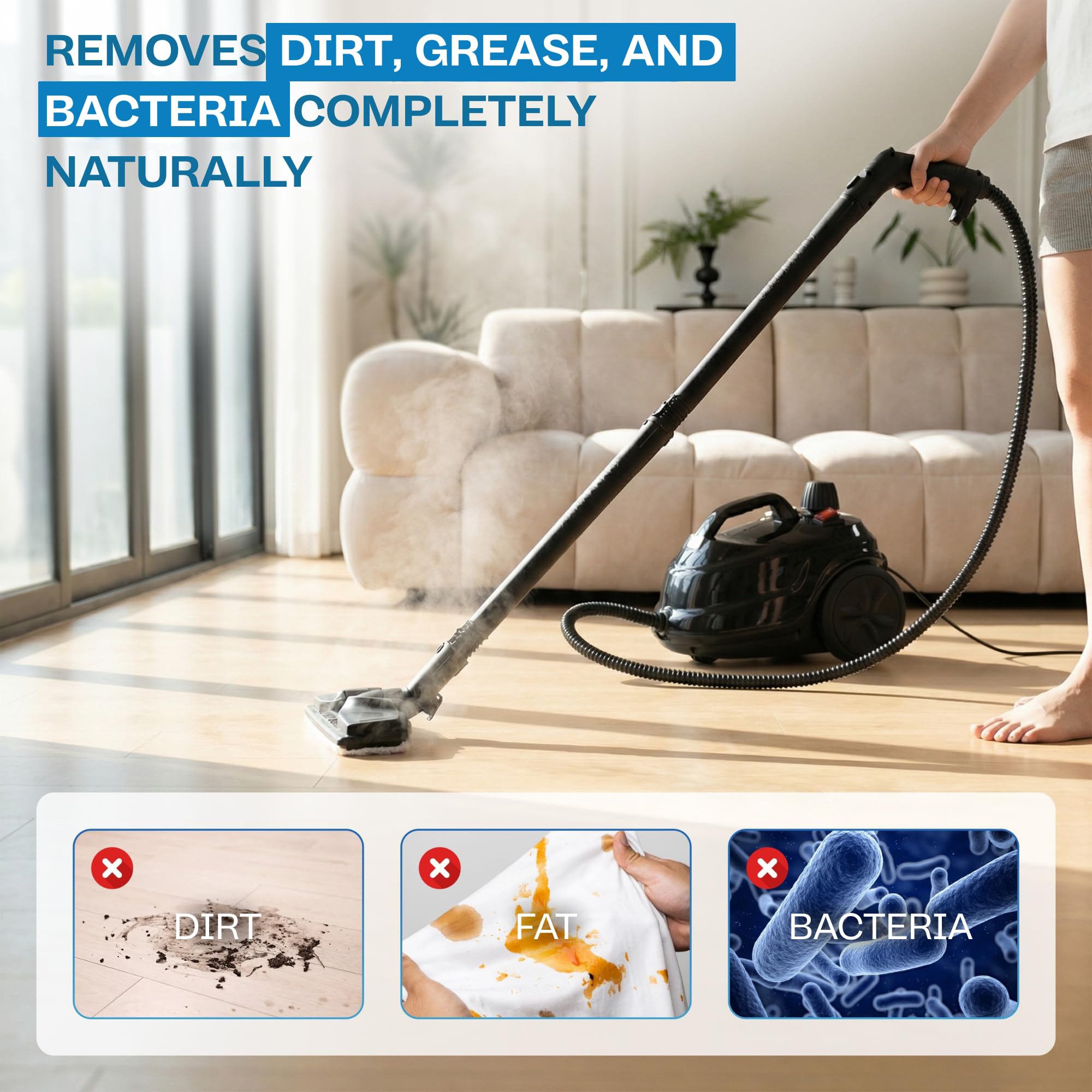 Powell Limpiador A Vapor De 2000 W - Mopa A Vapor Multisuperficie Para Alfombras, Suelos, Sofás Y Baños | Máquina Quitamanchas Con Accesorios Para Ventanas Y Azulejos - Negro