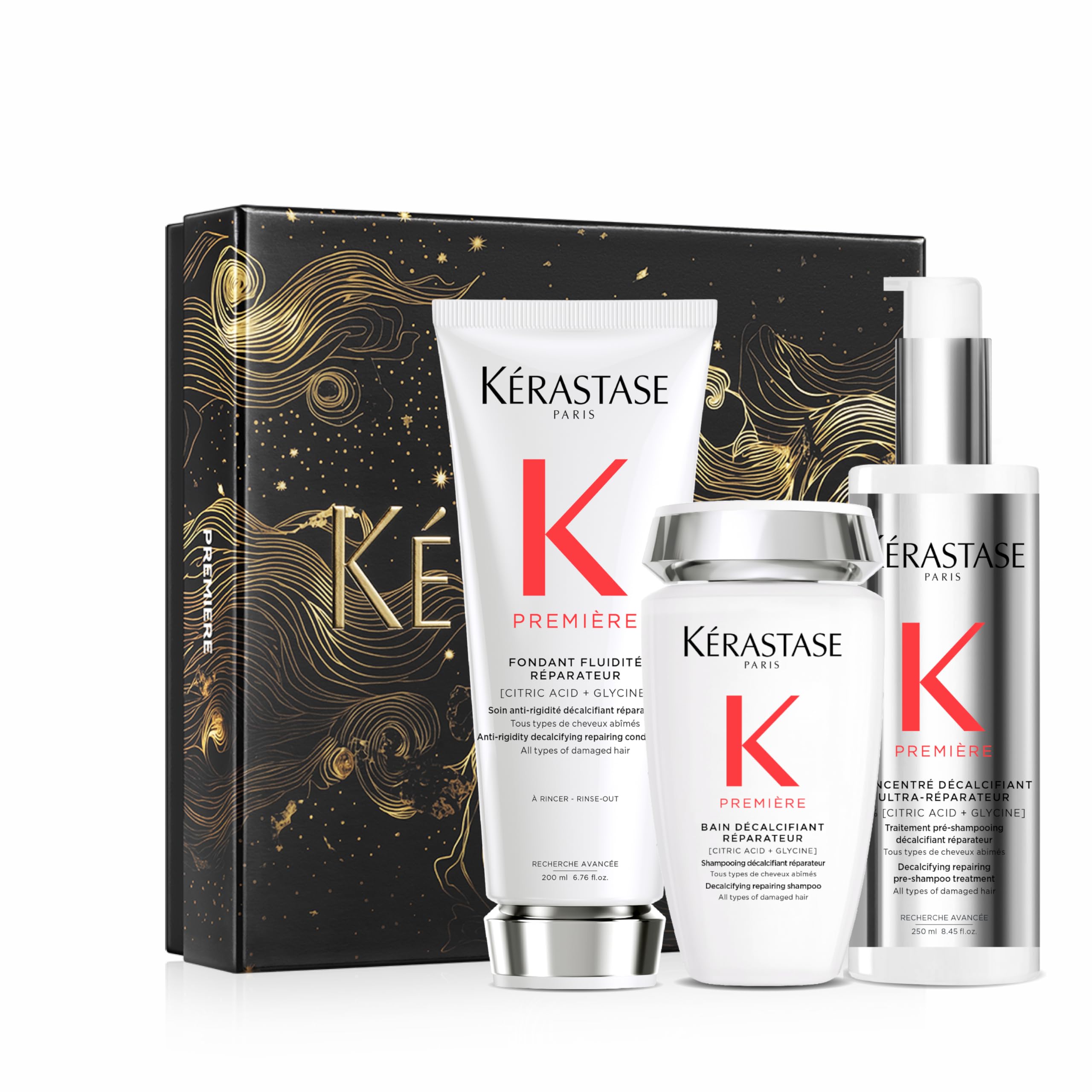 Kérastase Première Fondant zestaw prezentowy, seria do pielęgnacji mocno zniszczonych włosów, zawiera: Bain Décalcifiant 250 ml, fondant Fluidité Réparateur 200 ml, Concentré Décalcifiant 250 ml